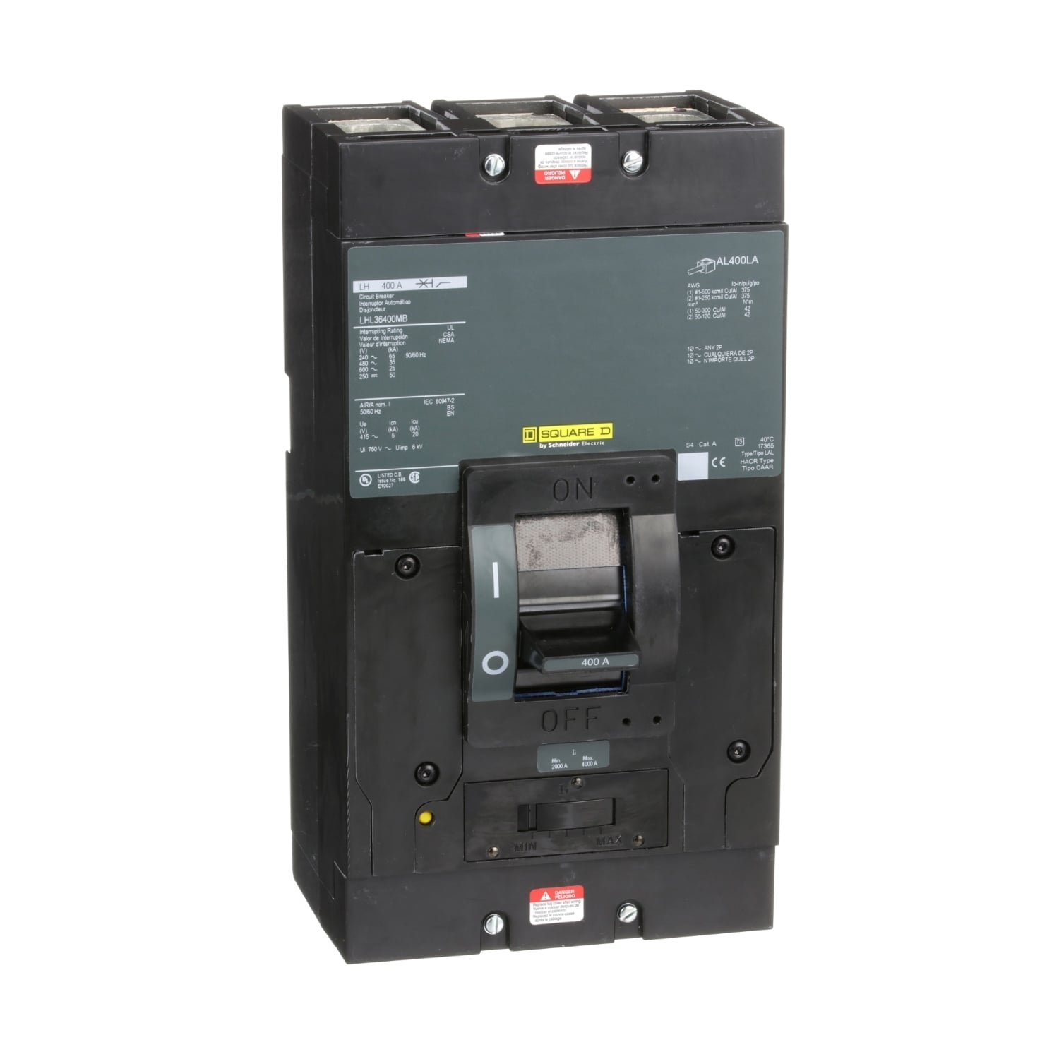 LHL36400MB Adjustable High Interrupt Molded Case Circuit Breaker, 600 V AC/250 V DC, 400 A, 65 kA at 240 VAC/35 kA at 480 VAC/25 kA at 600 VAC/50 kA at 125/250 VDC Interrupt, 3 Poles, Thermal Magnetic Trip