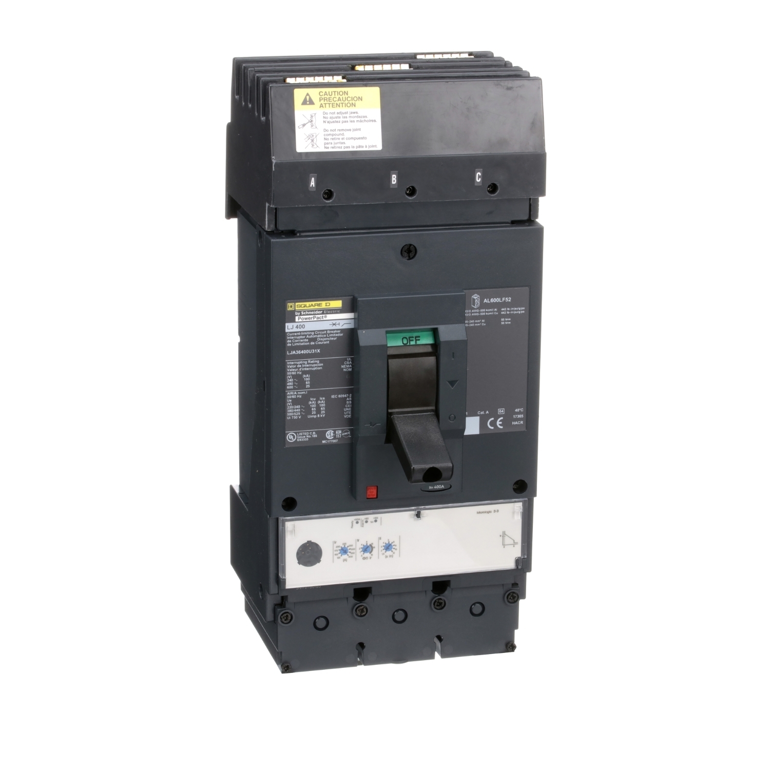 LJA36400U31X PowerPact Type LJA Solid State Molded Case Circuit Breaker With Micrologic Trip, 600 V AC, 400 A, 25 kA Interrupt, 3 Poles, Electronic Trip