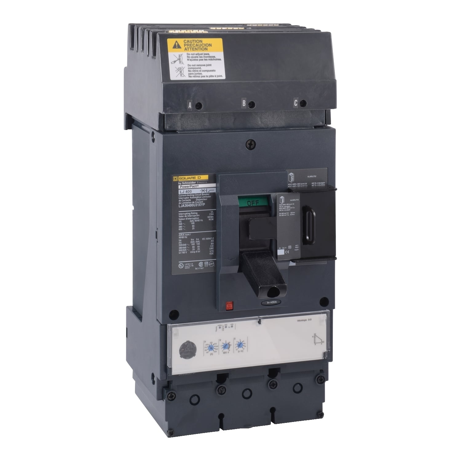 LJA36400U31XYP I-Line PowerPact Molded Case Circuit Breaker With ON/OFF Handle Padlock, 600 V AC, 400 A, 25 kA at 600 V AC Interrupt, 3 Poles, Electronic Trip