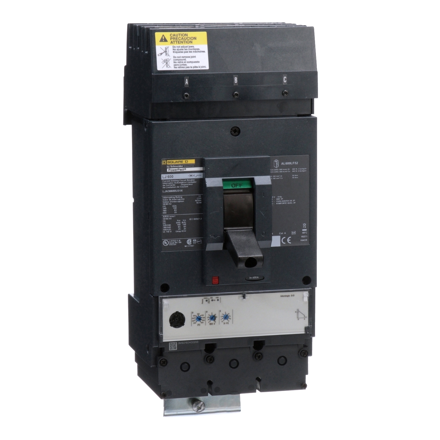 LJA36600U31X PowerPact Type LJA Solid State Molded Case Circuit Breaker With Micrologic Trip, 600 V AC, 600 A, 25 kA Interrupt, 3 Poles, Electronic Trip