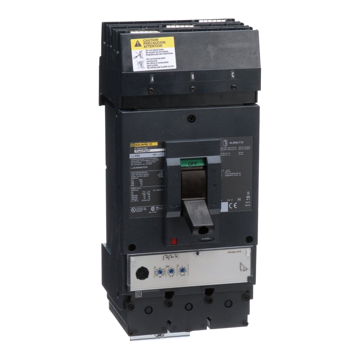 LJA36600U33X I-Line PowerPact Standard L Molded Case Circuit Breaker, 600 V AC, 600 A, 100 kA at 240 V AC/65 kA at 480 V AC/25 kA at 600 V AC Interrupt, 3 Poles, Electronic Trip