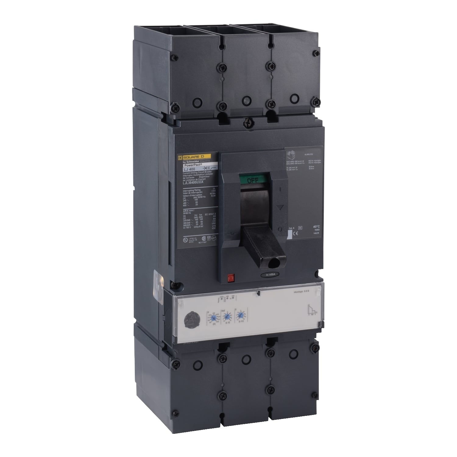 LJL36400U33X PowerPact 80% Rated Standard Molded Case Circuit Breaker, 600 V AC, 400 A, 600 V AC/65 kA at 480 V AC/25 kA at 600 V AC/100 kA at 240 V AC Interrupt, 3 Poles, Electronic Trip