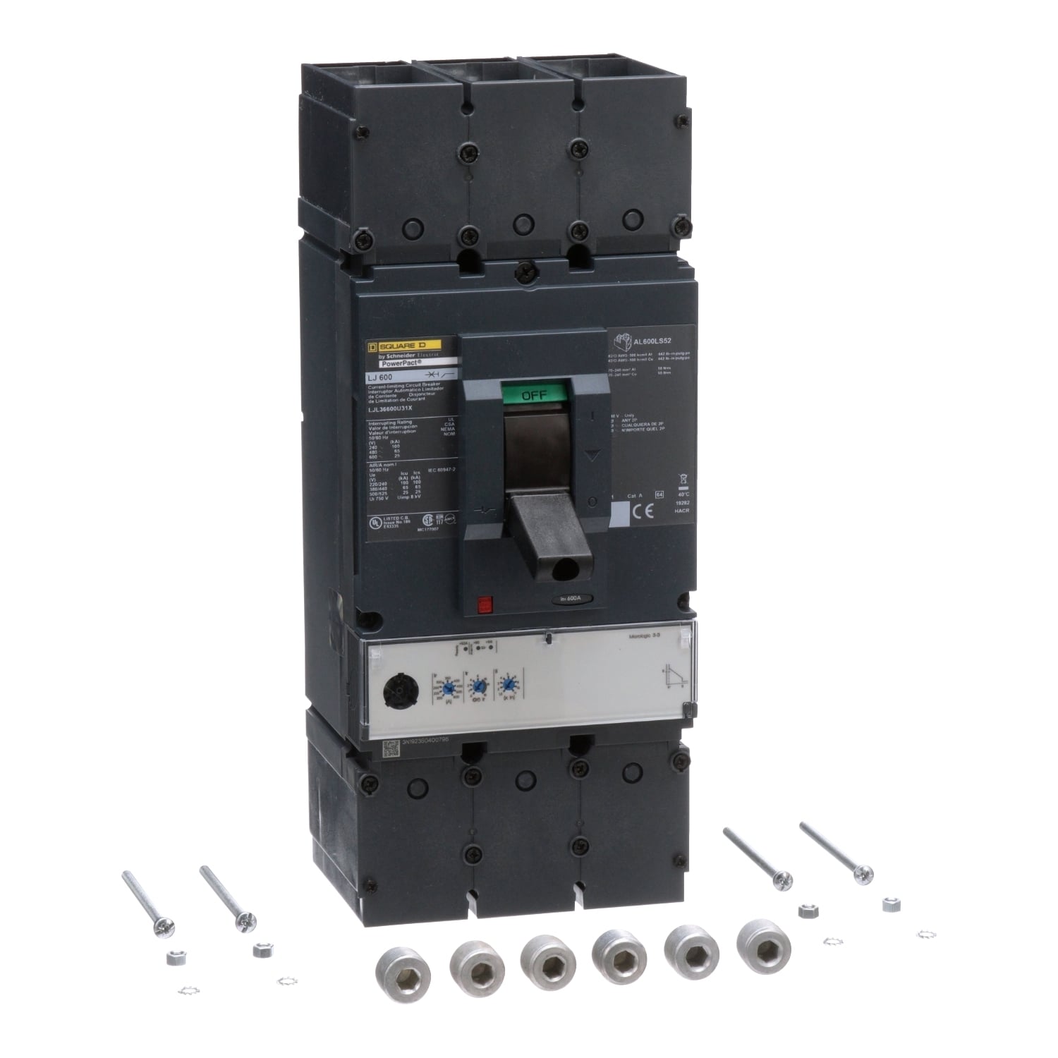 LJL36600U31X PowerPact 80% Rated Type LJL Molded Case Circuit Breaker, 600 V AC, 600 A, 100 kA at 240 V AC/65 kA at 480 V AC/25 kA at 600 V AC/600 V AC Interrupt, 3 Poles, Electronic Trip