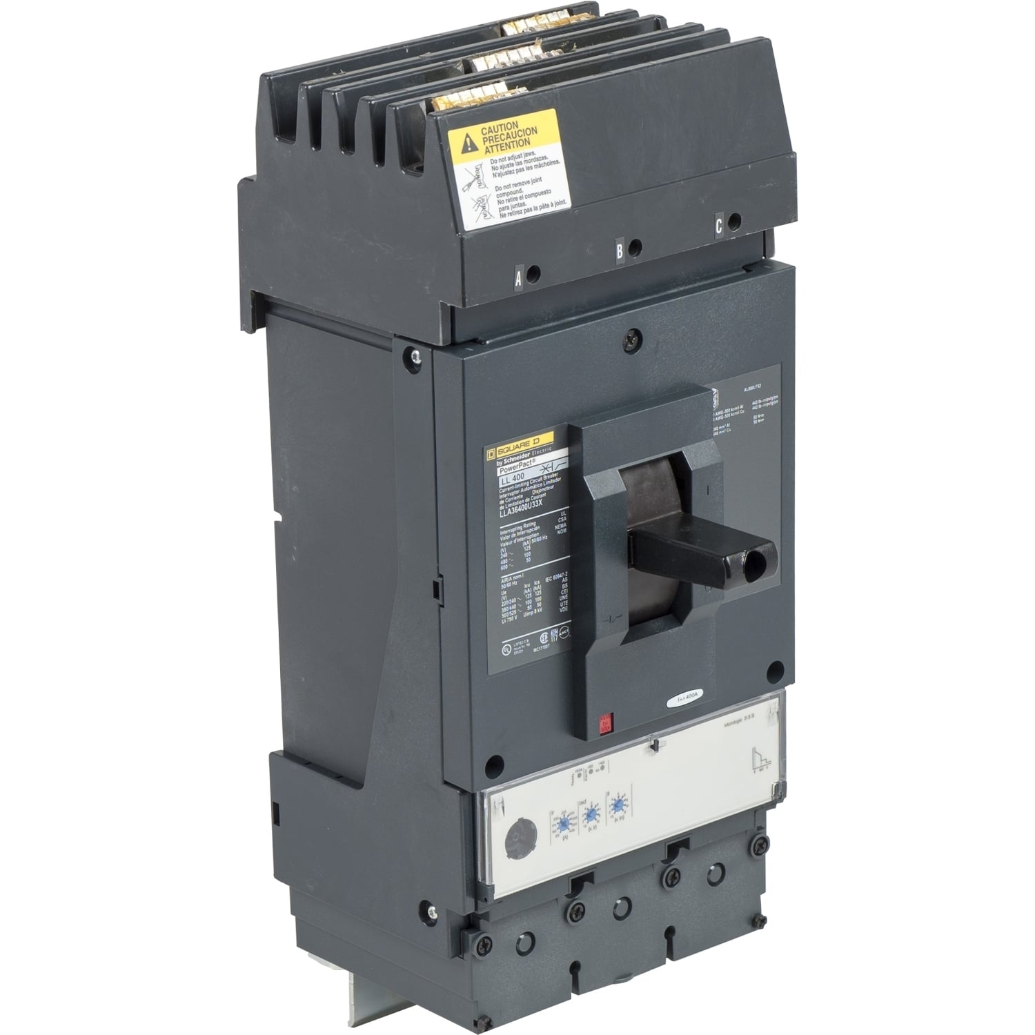 LLA36400U33X I-Line PowerPact Standard L Molded Case Circuit Breaker, 600 V AC, 400 A, 125 kA at 240 V AC/100 kA at 480 V AC/50 kA at 600 V AC Interrupt, 3 Poles, Electronic Trip