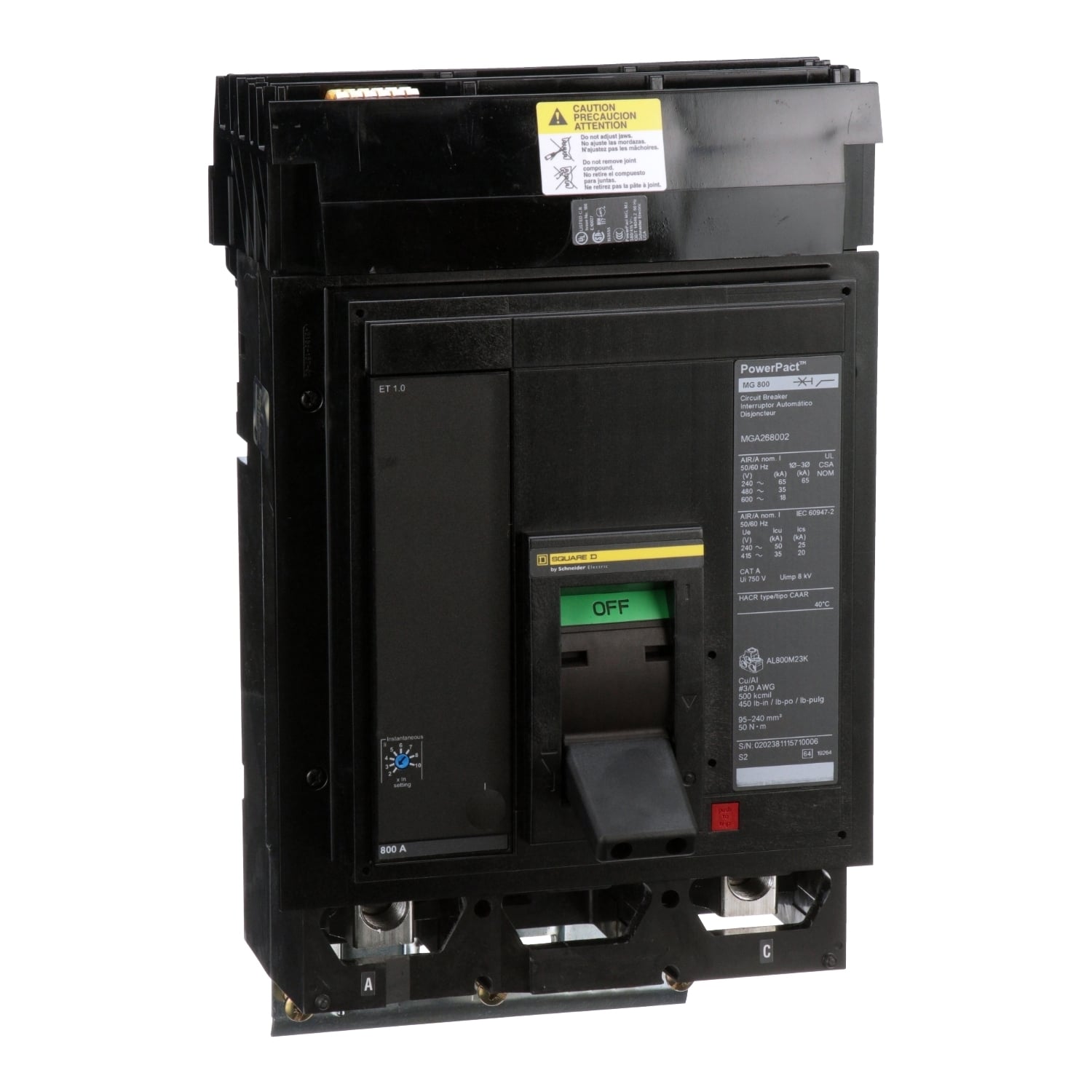 MGA268002 Molded Case Circuit Breaker, 800 Amp, 2 Pole, 600V