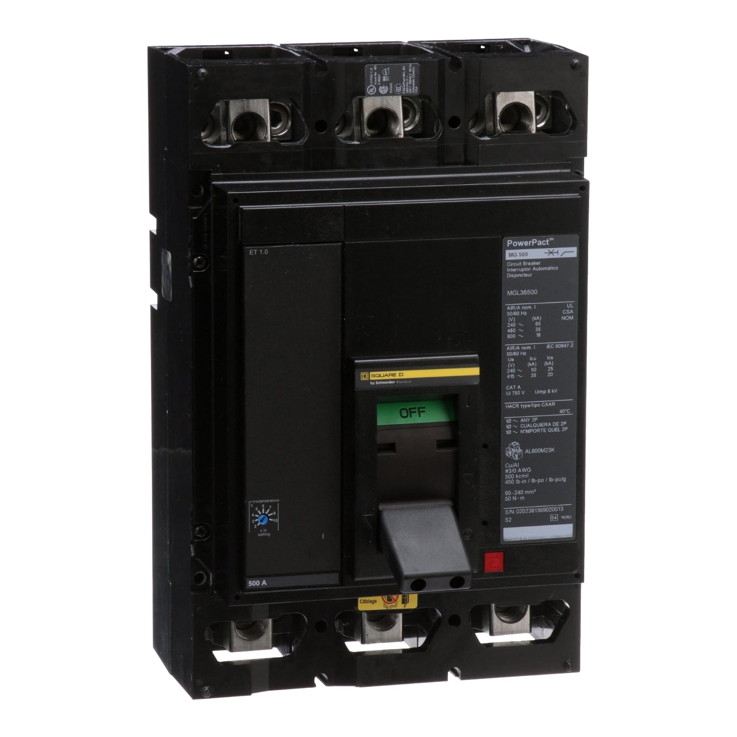 MGL36500 MGL Molded Case Circuit Breaker, 600 V AC/250 V DC, 500 A, 65 kA at 240 VAC/35 kA at 480 VAC/18 kA at 600 VAC Interrupt, 3 Poles, Electronic Trip