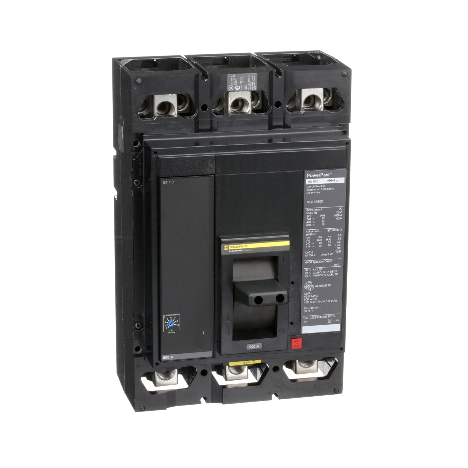 MGL36600 PowerPact Type MGL Molded Case Circuit Breaker, 600 V AC/250 V DC, 600 A, 18 kA Interrupt, 3 Poles, Electronic Trip