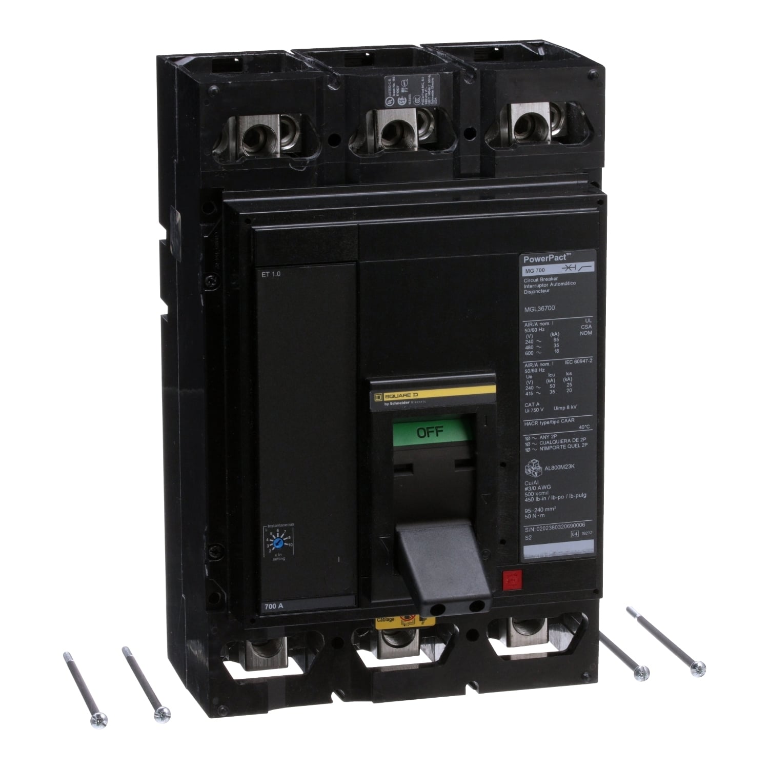 MGL36700 PowerPact MasterPact 80% Rated Type MGL Molded Case Circuit Breaker, 600 V AC/250 V DC, 700 A, 65 kA at 240 VAC/35 kA at 480 VAC/18 kA at 600 VAC Interrupt, 3 Poles, Electronic Trip