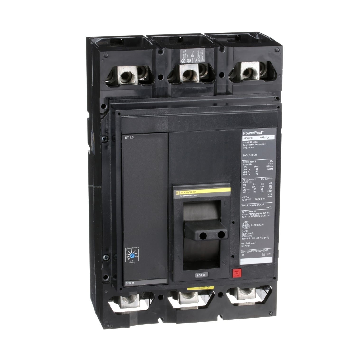 MGL36800 PowerPact MasterPact Type MGL Molded Case Circuit Breaker, 600 V AC/250 V DC, 800 A, 65 kA at 240 VAC/35 kA at 480 VAC/18 kA at 600 VAC Interrupt, 3 Poles, Electronic Trip