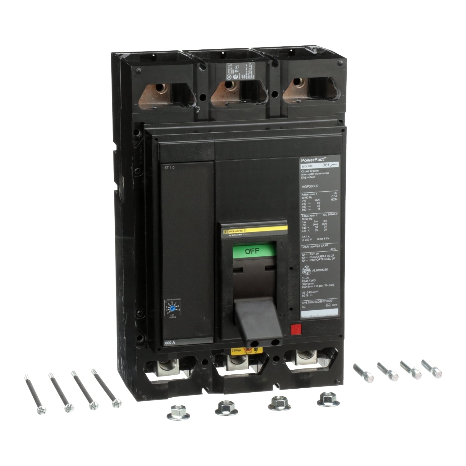 MGP36600 PowerPact MasterPact 80% Rated Molded Case Circuit Breaker, 600 V AC/250 V DC, 600 A, 65 kA at 240 VAC/35 kA at 480 VAC/18 kA at 600 VAC Interrupt, 3 Poles, Electronic Trip