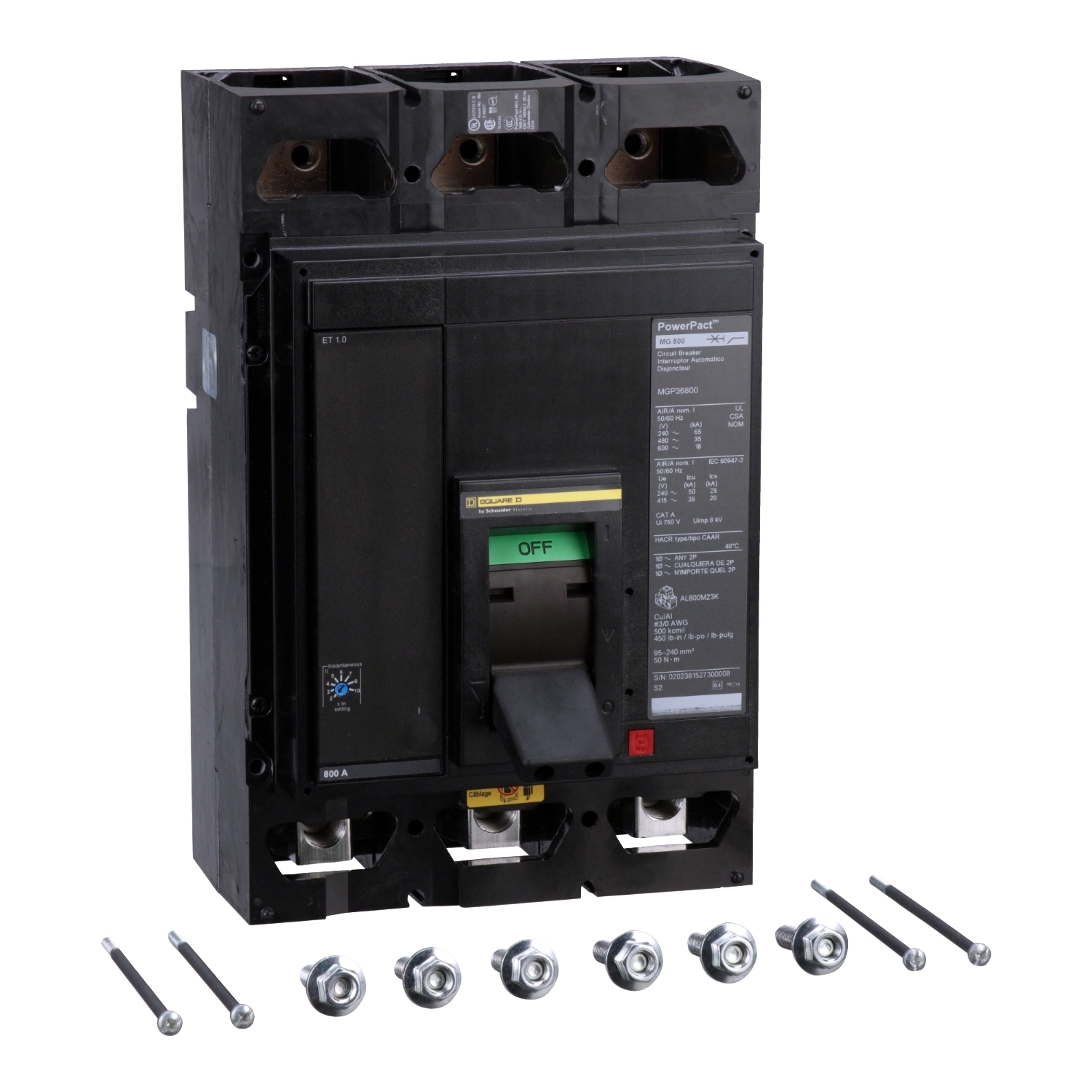 MGP36800 PowerPact MasterPact 80% Rated Molded Case Circuit Breaker, 600 V AC/250 V DC, 800 A, 65 kA at 240 VAC/35 kA at 480 VAC/18 kA at 600 VAC Interrupt, 3 Poles, Electronic Trip