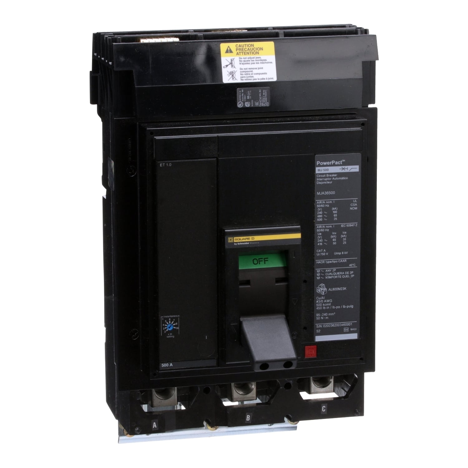 MJA36500 Molded Case Circuit Breaker, 500 Amp, 3 Pole, 600V