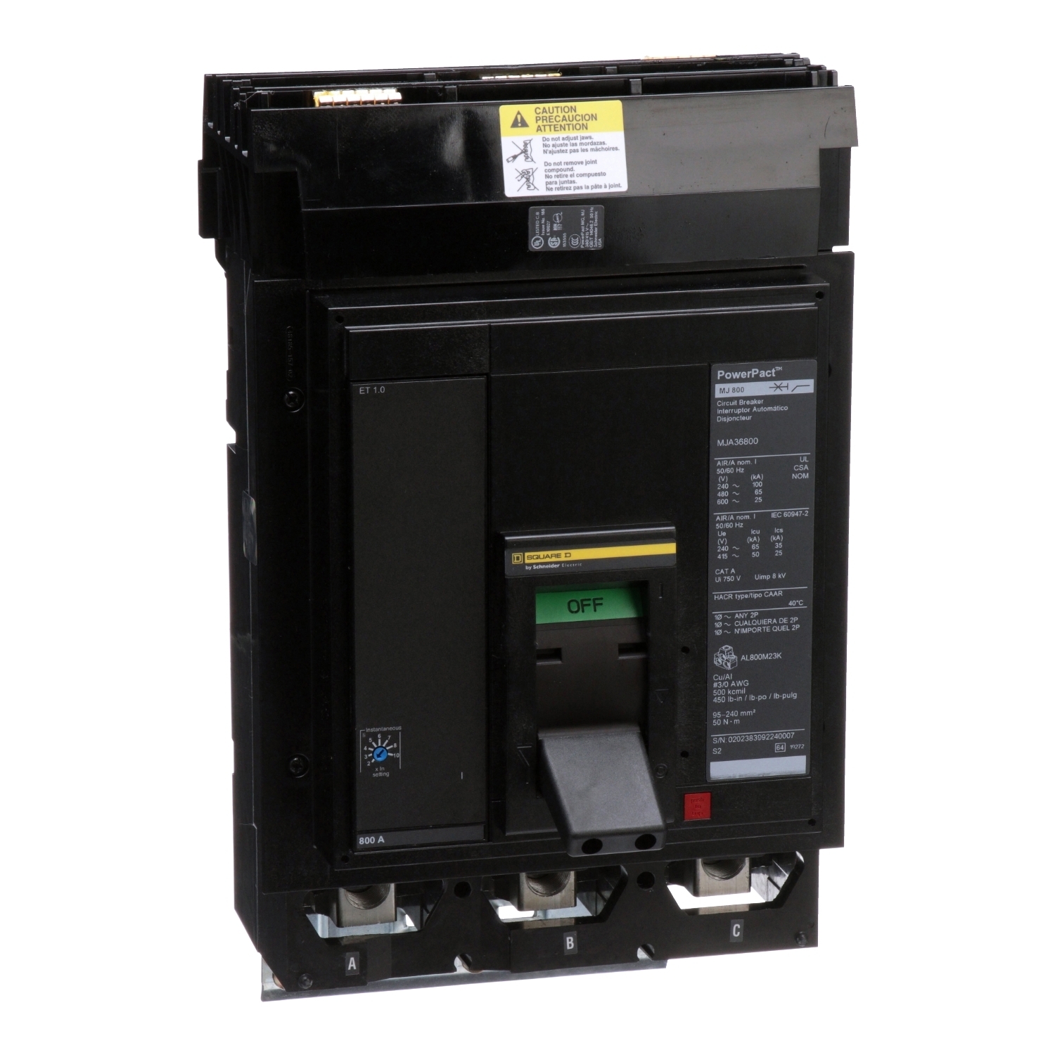 MJA36800 Molded Case Circuit Breaker, 800 Amp, 3 Pole, 600V