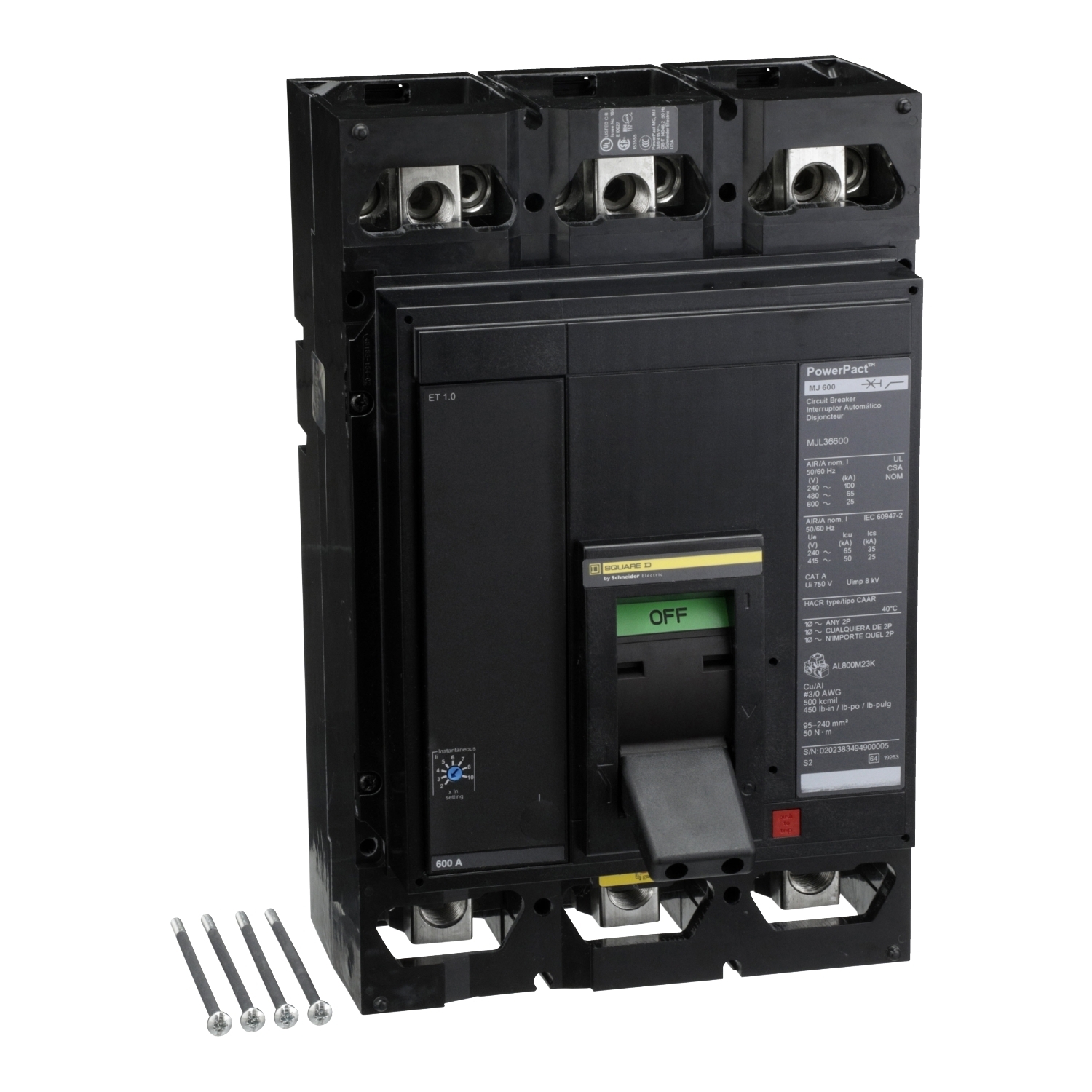 MJL36600 PowerPact Type MJL Molded Case Circuit Breaker, 600 V AC/250 V DC, 600 A, 25 kA Interrupt, 3 Poles, Electronic Trip