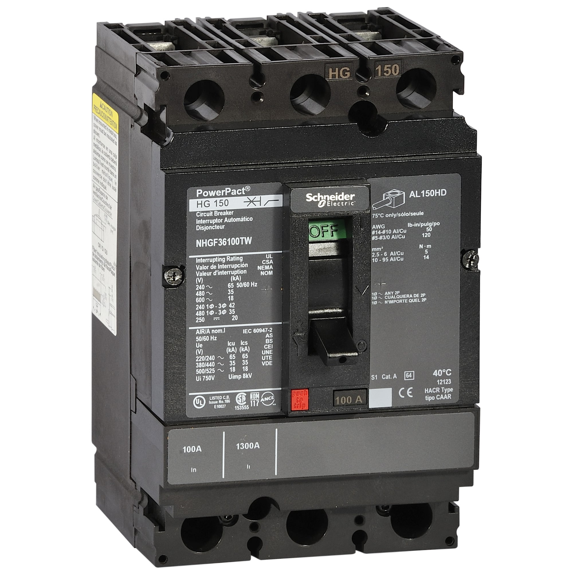NHJF36060TW PowerPact Molded Case Circuit Breaker With 3 LED Display, 600 V AC, 60 A, 100 kA at 240 V AC/65 kA at 480 V AC/25 kA at 600 V AC/20 kA at 250 VDC Interrupt, 3 Poles, Thermal Magnetic Trip