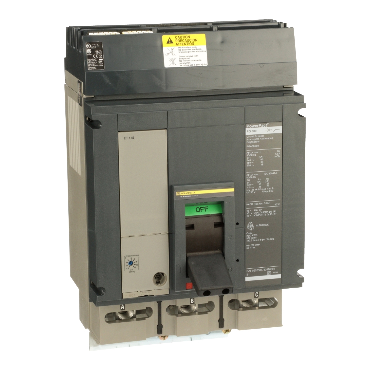 PGA36080 Molded Case Circuit Breaker, 800 Amp, 3 Pole, 600V