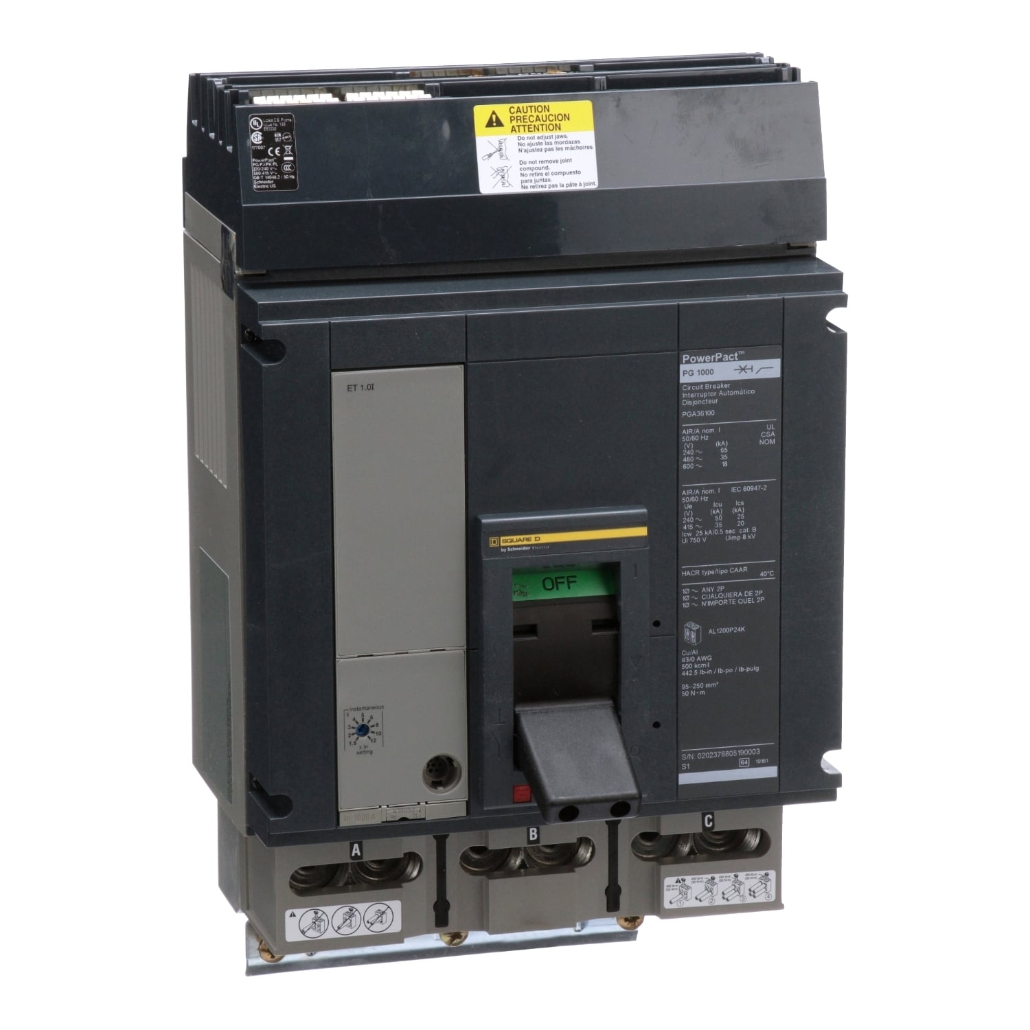 PGA36100 Molded Case Circuit Breaker, 1000 Amp, 3 Pole, 600V