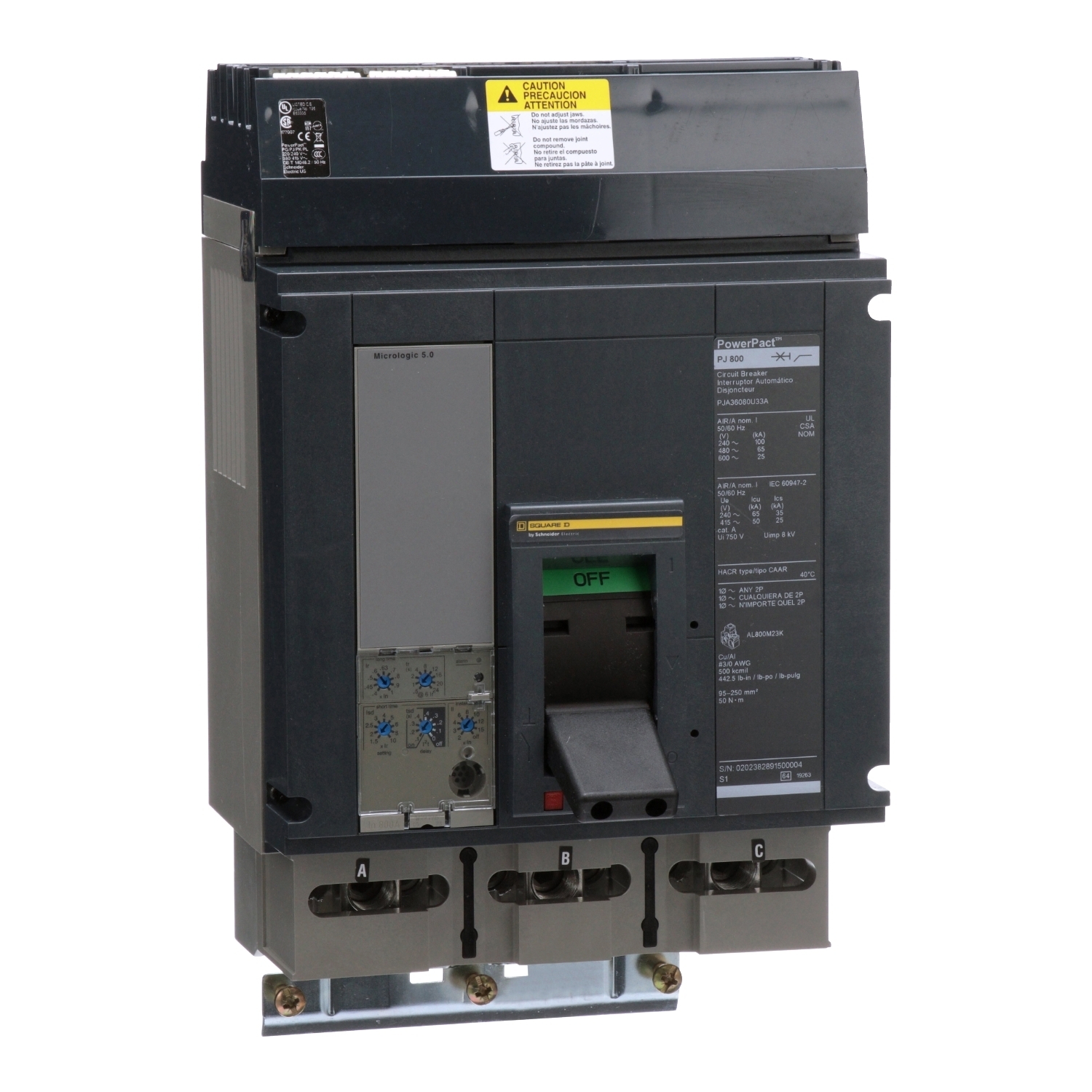 PJA36080U33A I-Line PowerPact P Type PJA Molded Case Circuit Breaker, 600 V AC, 800 A, 25/65/100 kA Interrupt, 3 Poles, Electronic Trip