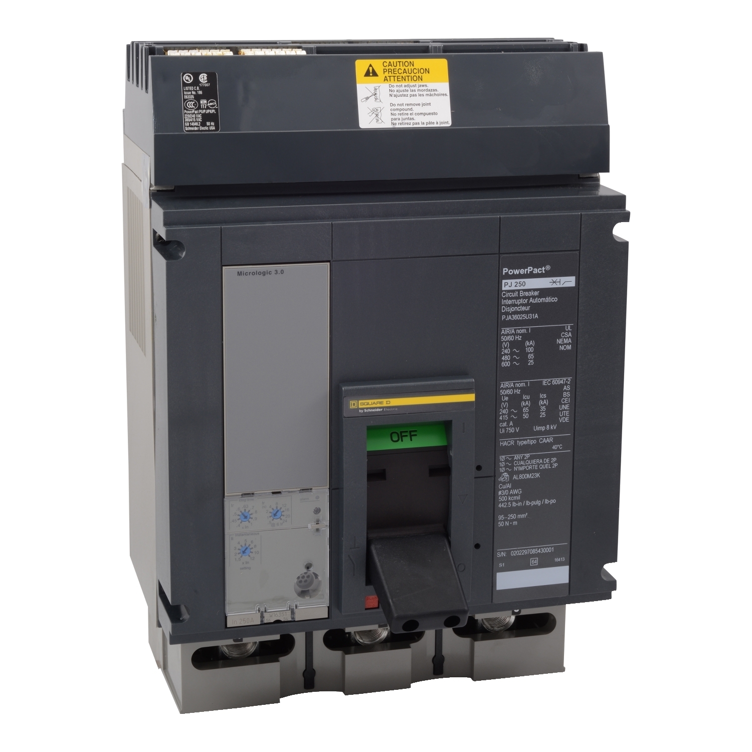 PJA36080U43A I-Line PowerPact Type PJA P Molded Case Circuit Breaker, 600 V AC, 800 A, 25/65/100 kA Interrupt, 3 Poles, Electronic Trip