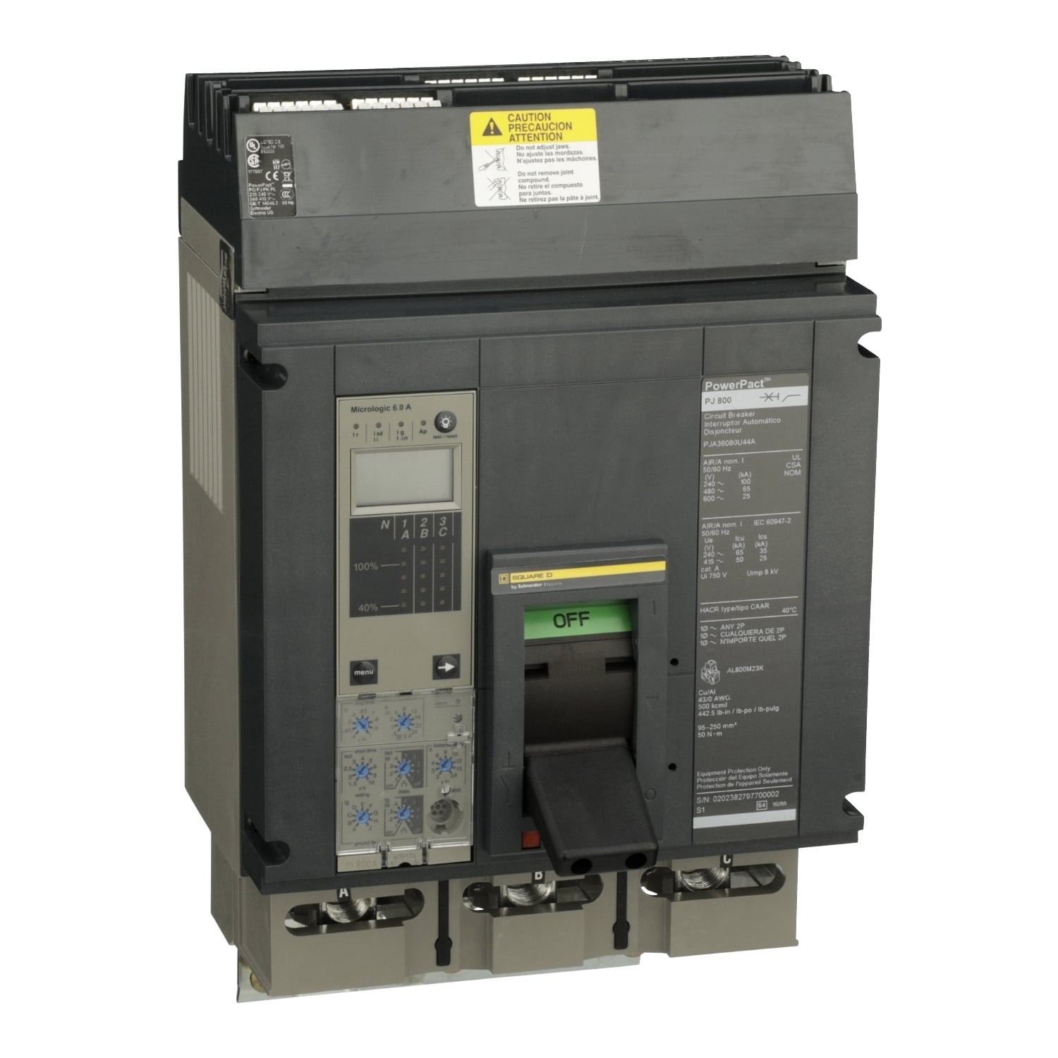 PJA36080U44A I-Line PowerPact P Type PJA Molded Case Circuit Breaker, 600 V AC, 800 A, 25/65/100 kA Interrupt, 3 Poles, Electronic Trip