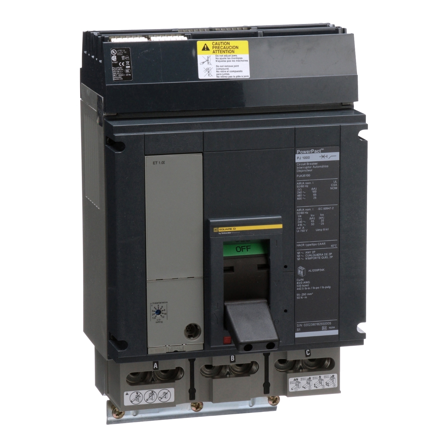 PJA36100 Molded Case Circuit Breaker, 1000 Amp, 3 Pole, 600V