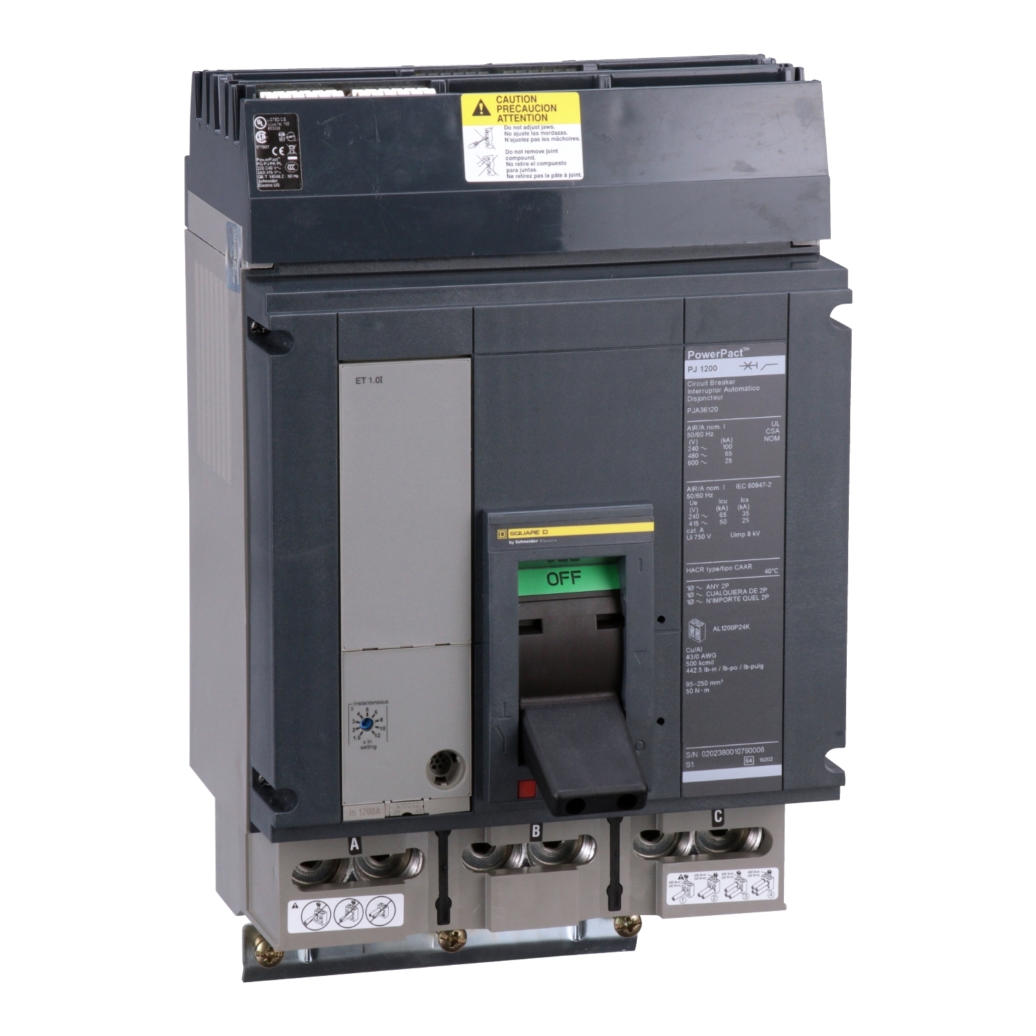 PJA36120 PJA 3-Pole Molded Case Circuit Breaker, 600 V AC, 1200 A, 25 kA Interrupt, 3 Poles, Electronic Trip