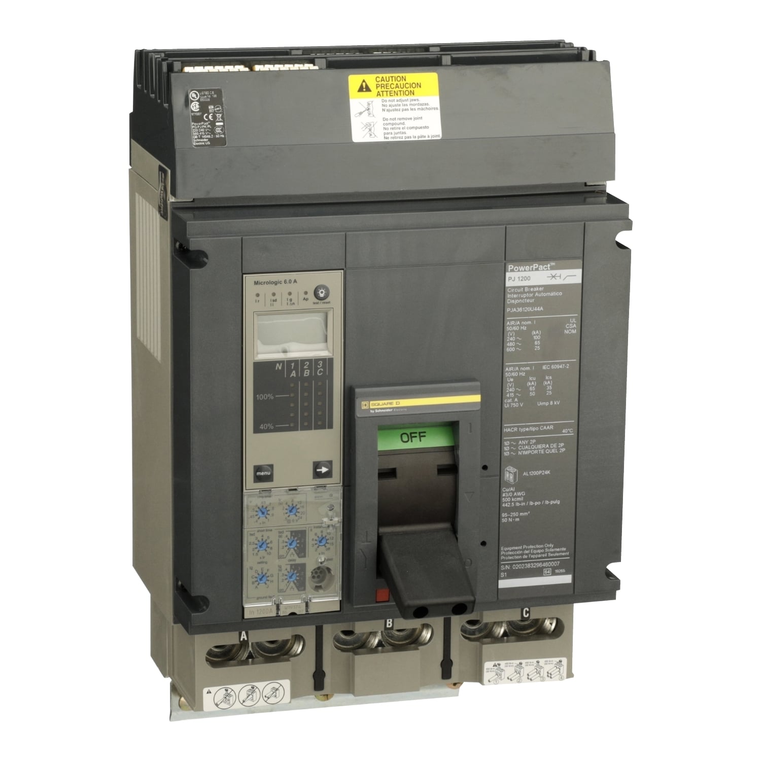 PJA36120U44A I-Line PowerPact Type PJA Molded Case Circuit Breaker, 600 V AC, 1200 A, 100 kA at 240 V AC, 65 kA at 480 V AC, 25 kA at 600 V AC Interrupt, 3 Poles, Electronic Trip