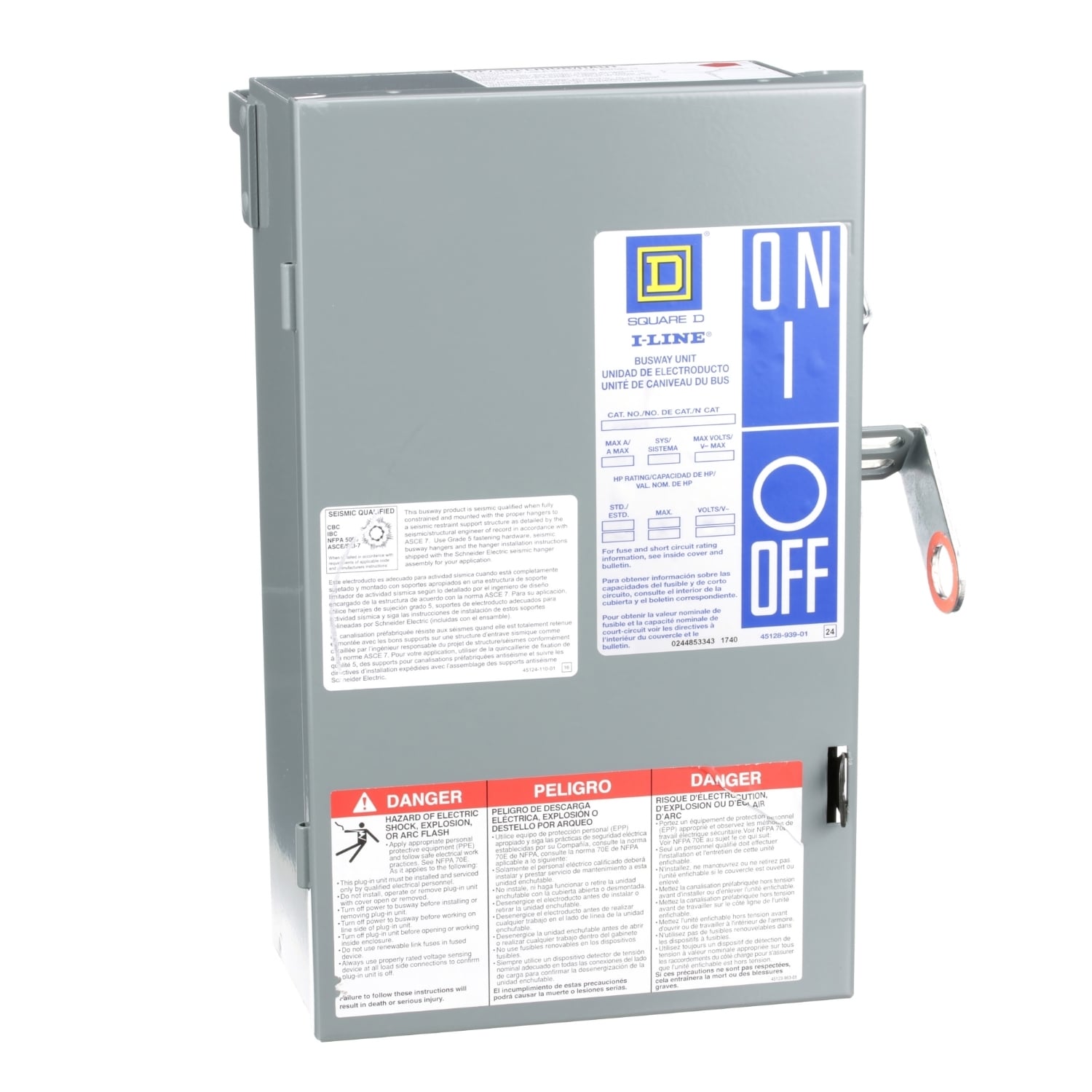 PQ3203G I-Line 3-Pole Type PQ Class H Busway Fusible Plug-In Unit With Ground, 240 V AC, 30 A, 3 Wires, FS Frame, NEMA 1 Enclosure