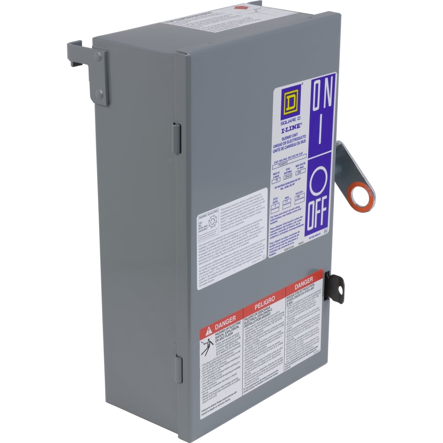 PQ3220G I-Line 3-Pole Type PQ Class H Busway Fusible Plug-In Unit With Integral Ground Bus, 240 V AC, 200 A, 4 Wires, FS Frame, NEMA 1 Enclosure