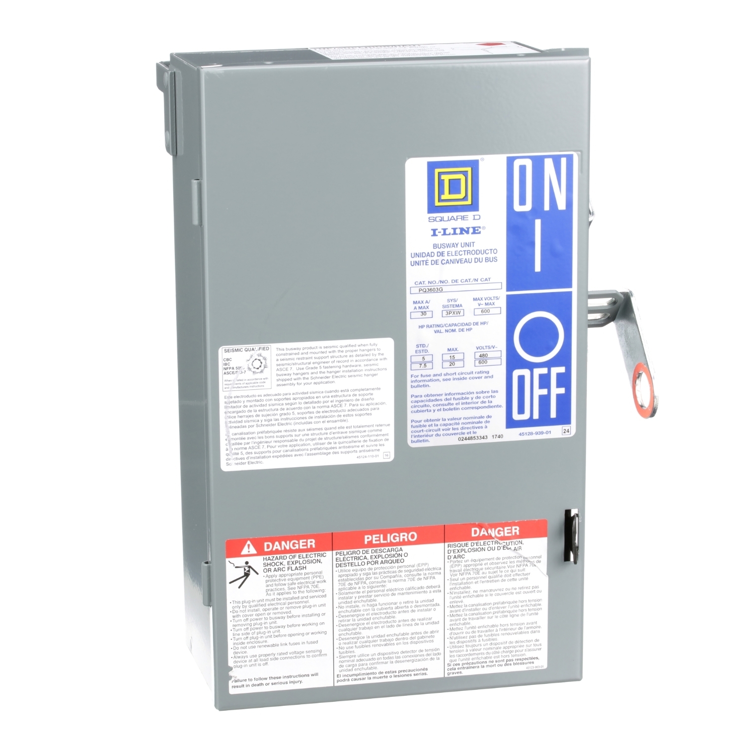 PQ3603G I-Line Type H II Busway Fusible Plug-In Unit, 240/600 V AC, 30 A, 3 Wires, FS Frame, NEMA 1 Enclosure