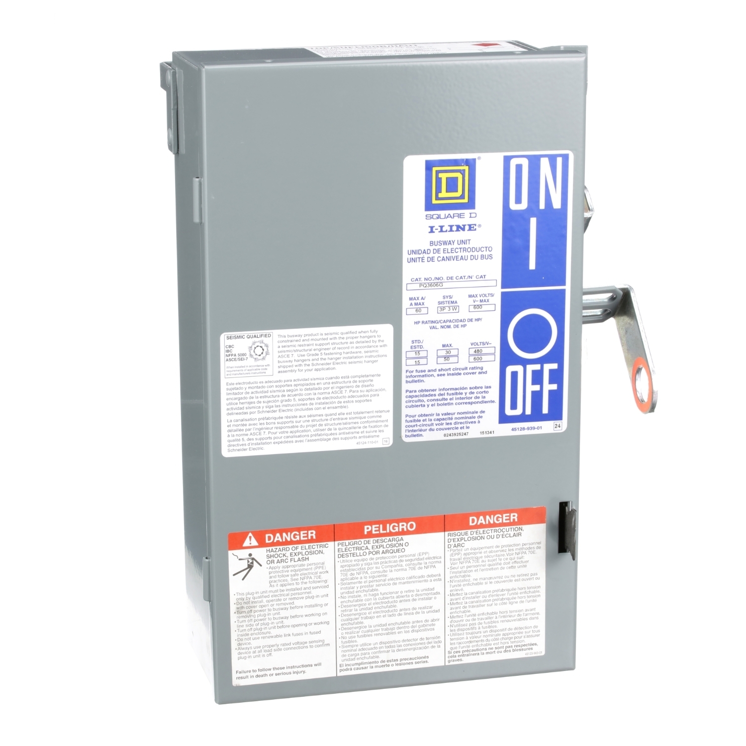 PQ3606G I-Line Type PQ II Busway Fusible Plug-In Unit, 600 V AC, 60 A, 4 Wires, FS Frame, NEMA 1 Enclosure