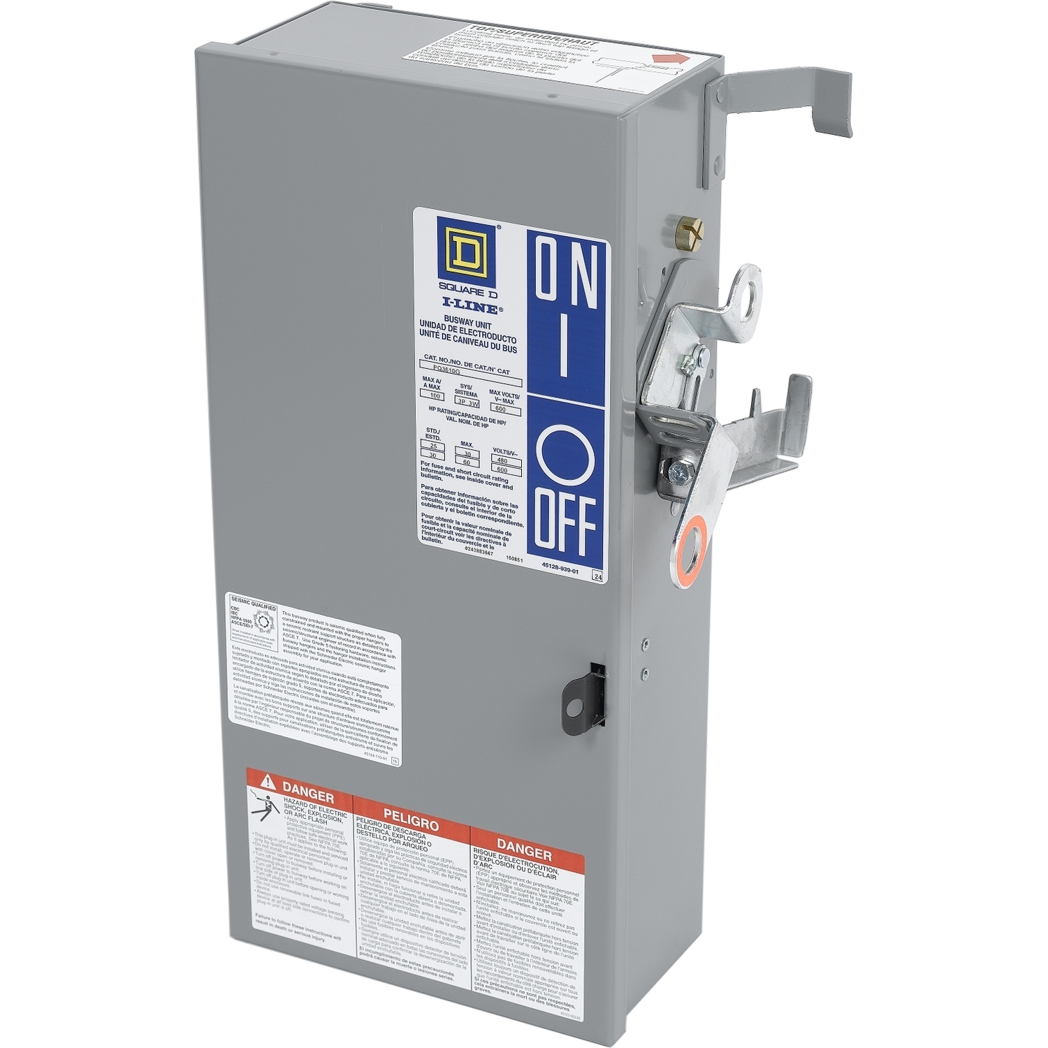 PQ3610G I-Line II Type H Busway Fusible Plug-In Unit, 600 V AC, 100 A, 3 Wires, FS Frame, NEMA 1 Enclosure