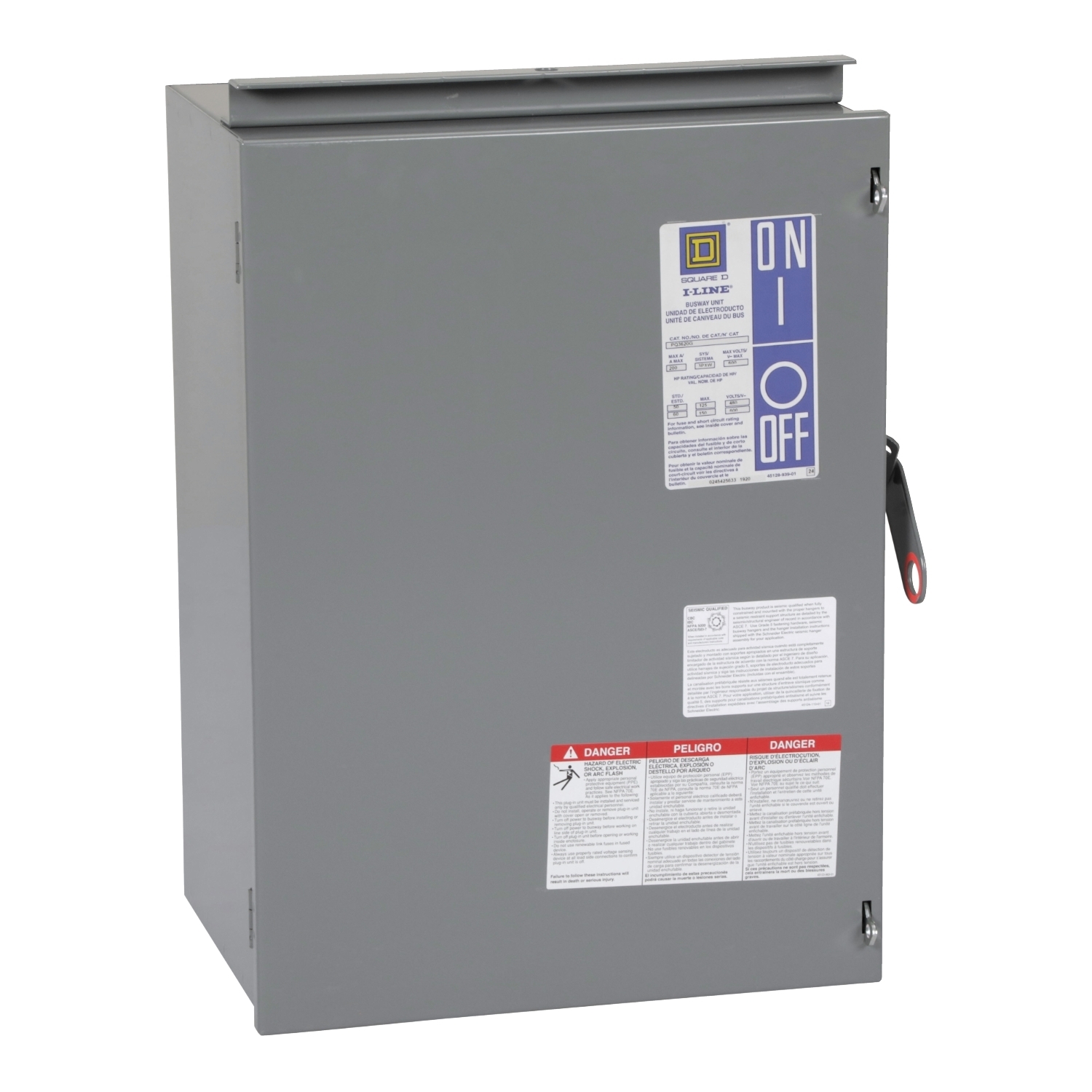 PQ3620G Type PQ Ii Busway Fusible Plug-In, 277/480 V AC, 200 A, 4 Wires, FS Frame, NEMA 1 Enclosure
