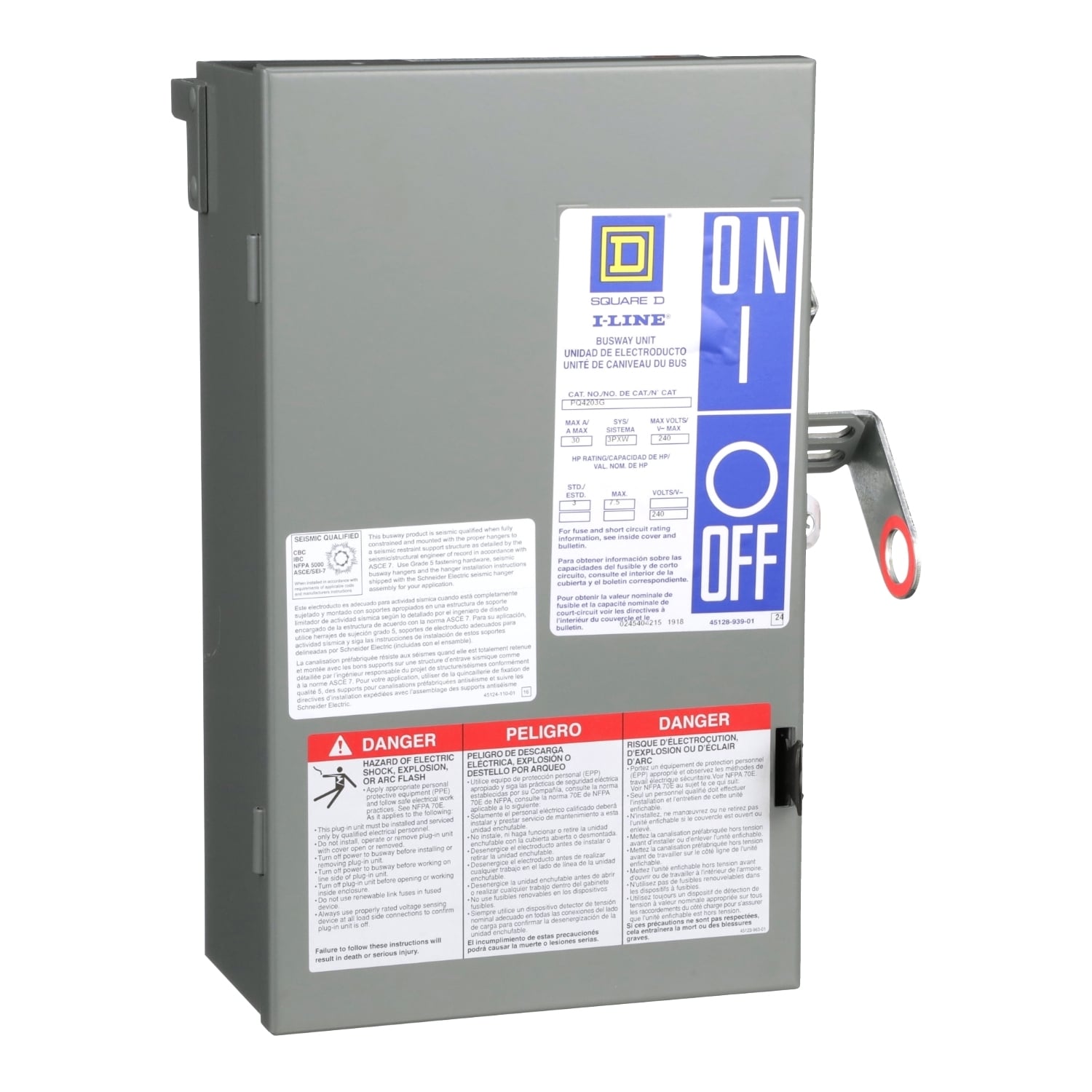 PQ4203G I-Line II 4-Pole Type PQ Class H Busway Fusible Plug-In Unit With Integral Ground Bus, 120 to 208 V AC, 30 A, 3 Wires, FS Frame, NEMA 1 Enclosure