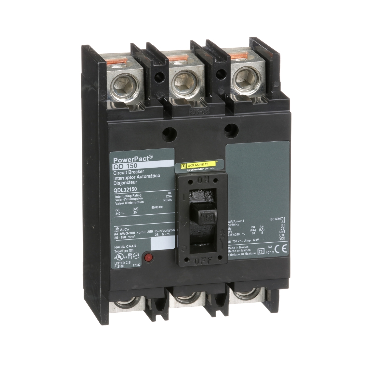 QDL32150 Molded Case Circuit Breaker, 150 Amp, 3 Pole, 240V