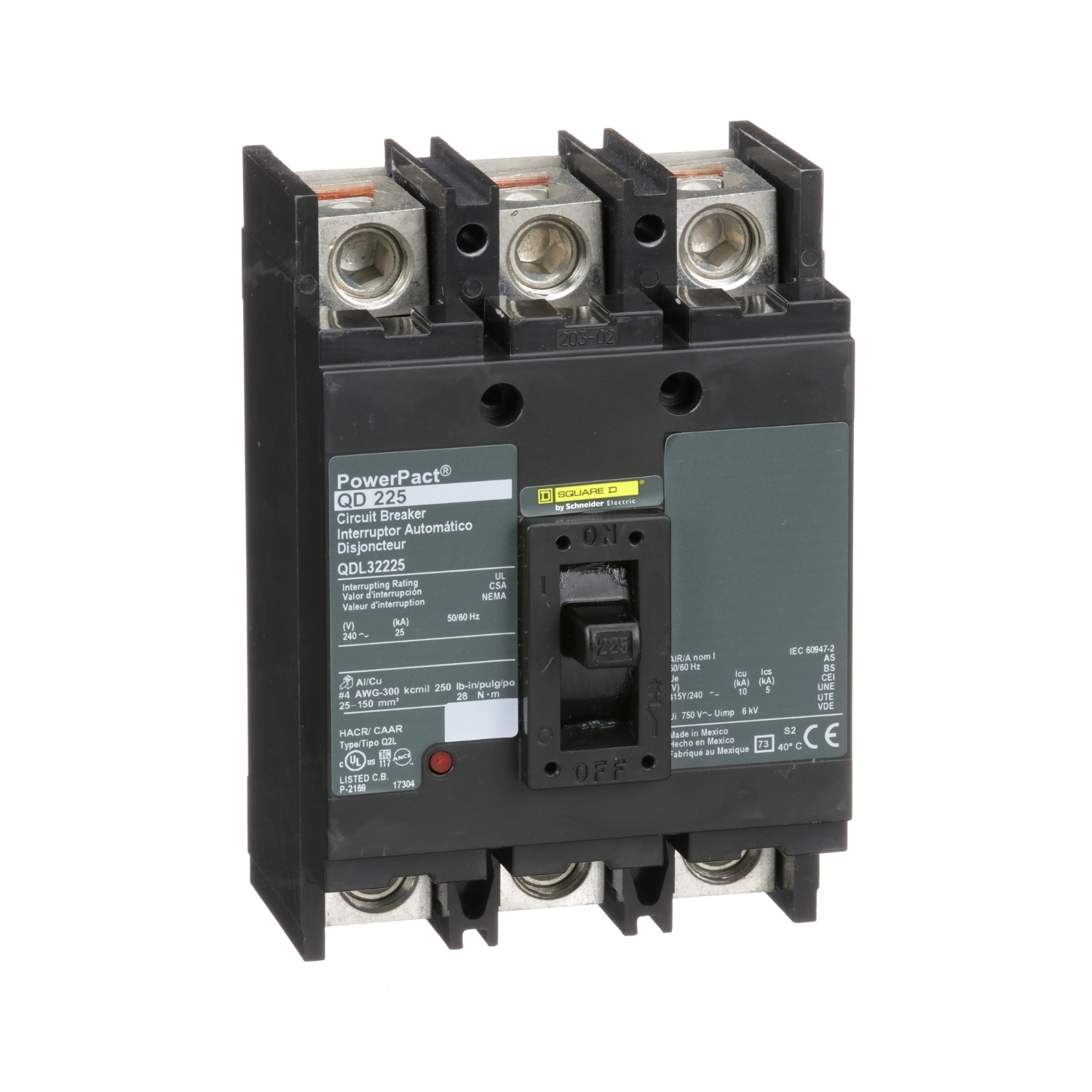 QDL32225 Molded Case Circuit Breaker, 225 Amp, 3 Pole, 240V