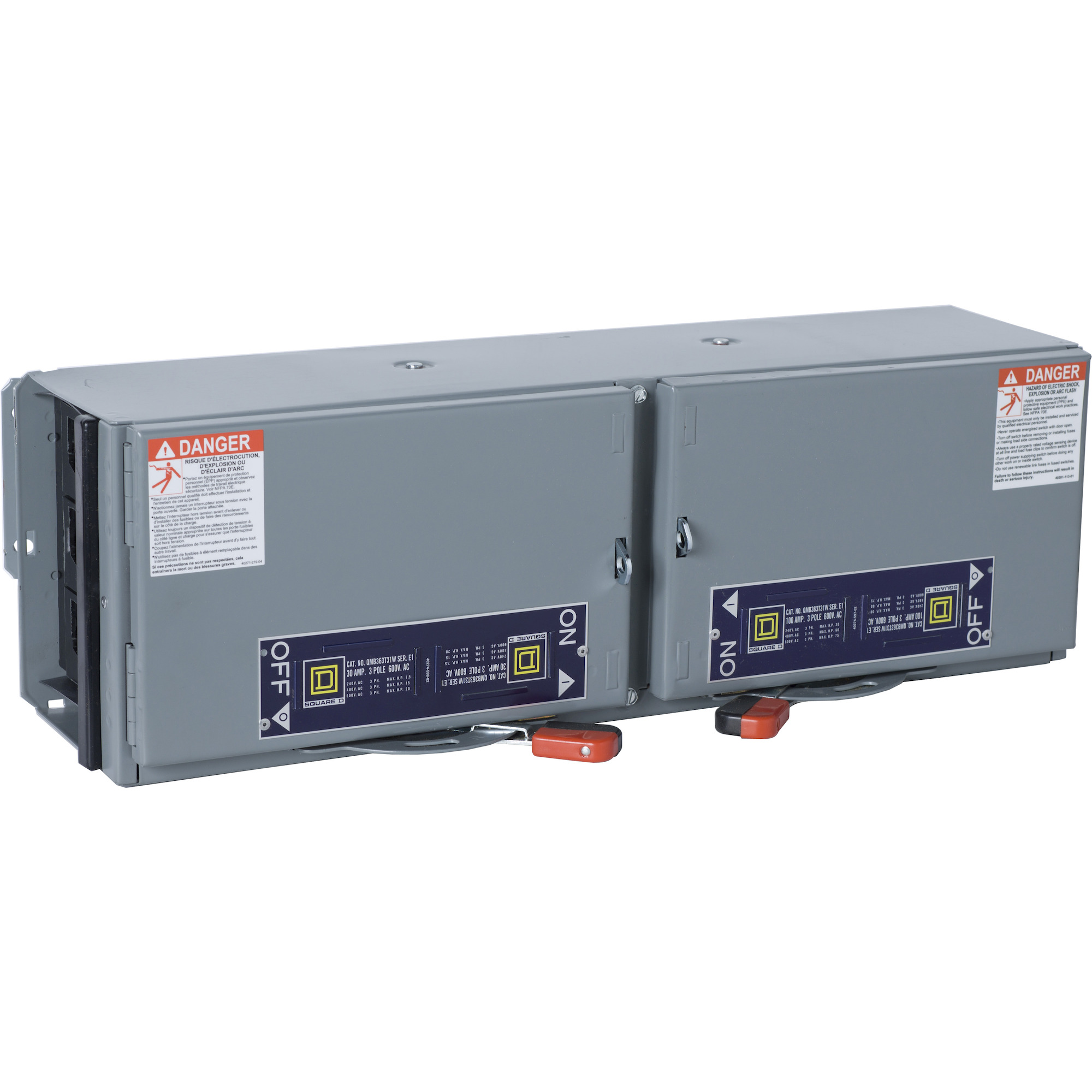 QMB363T31W QMB Fusible Twin Branch Switch Unit, 600 V AC, 30/100 A, 75 hp Power Rating, 3 Poles, 200 kA Interrupt