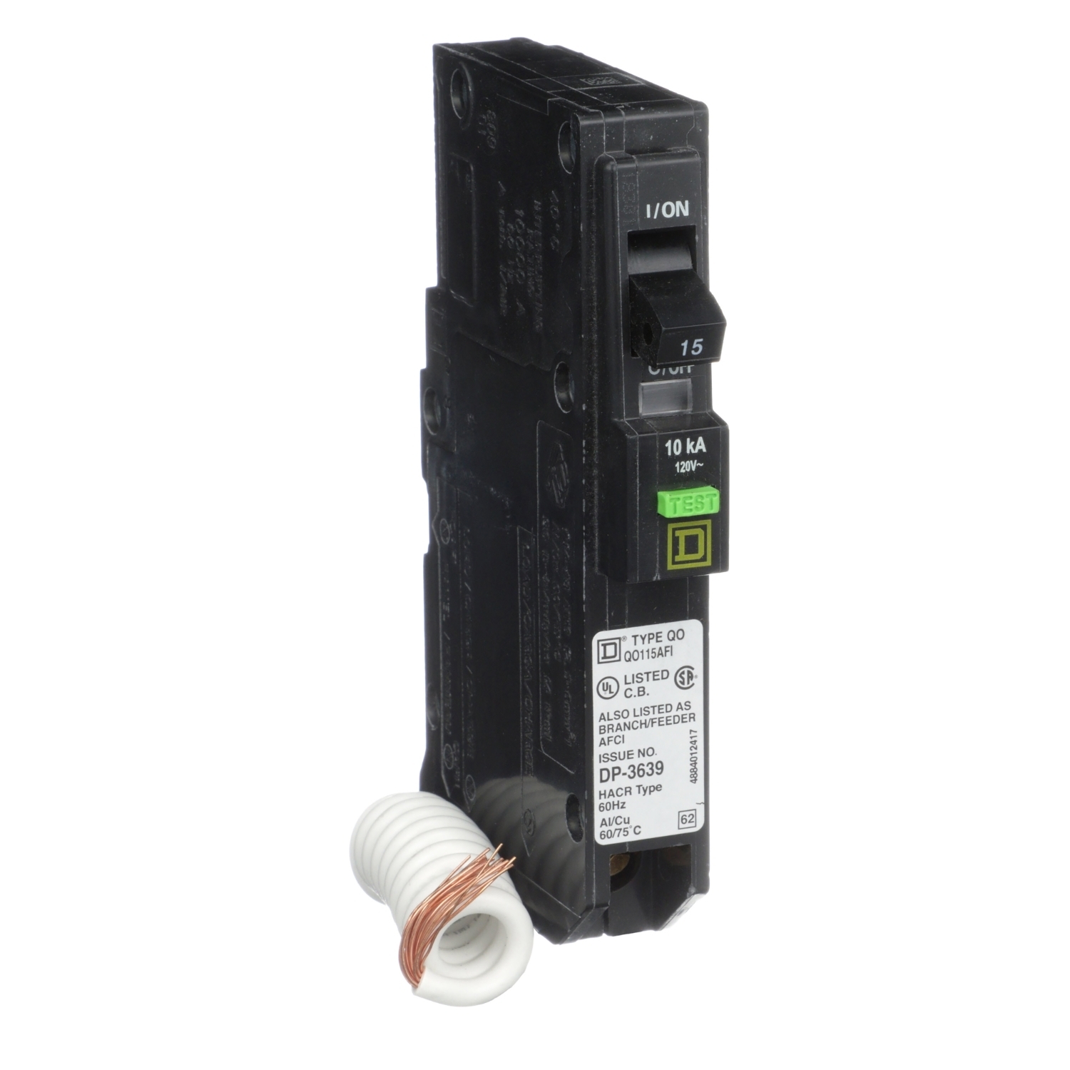 QO115AFI  Circuit Breaker, 15 Amp, 1 Pole, 120V