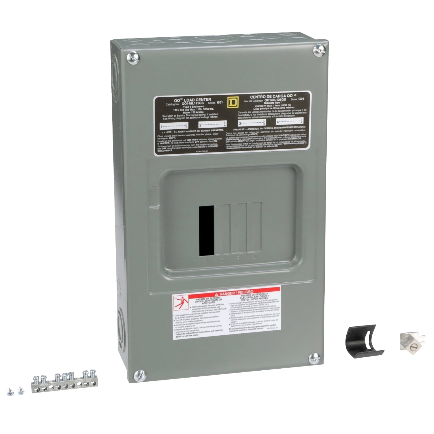 QO148L125GS 1-Phase Fixed Main Lug Loadcenter With Surface Cover, 120/240 V AC, 125 A, 1 Pole, 10 kA Interrupt