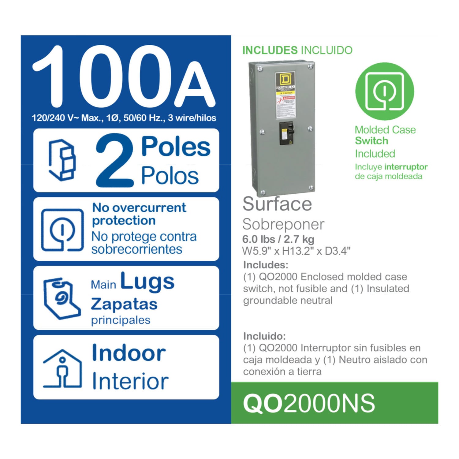 QO2000NS QO Series Type QO Miniature Circuit Breaker, 240 V AC, 100 A, 10 kA Interrupt, 2 Poles, Thermal Magnetic Trip