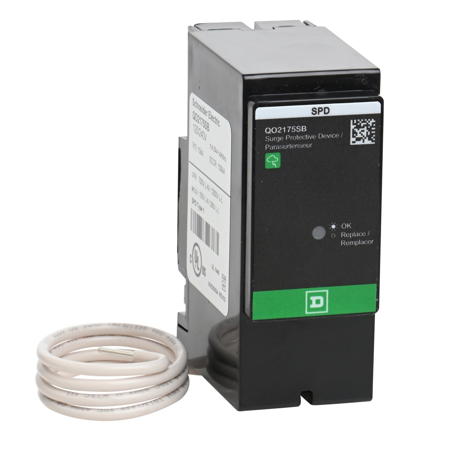 QO2175SB Secondary Surge Arrester, 175 V AC, 22 kA SCCR, 2 Poles