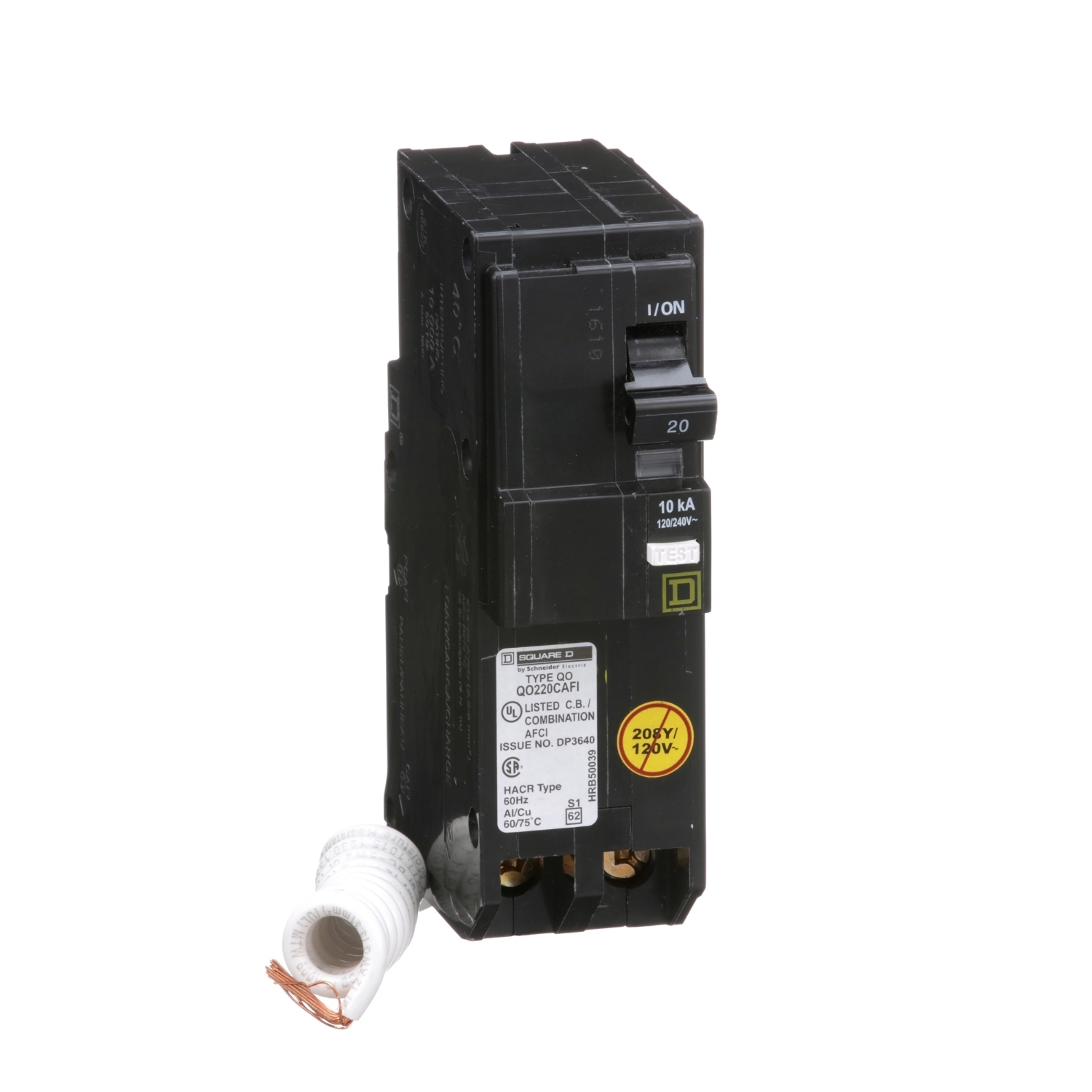 QO220CAFI Miniature Circuit Breaker, 20 Amp, 2 Pole, 120/240V