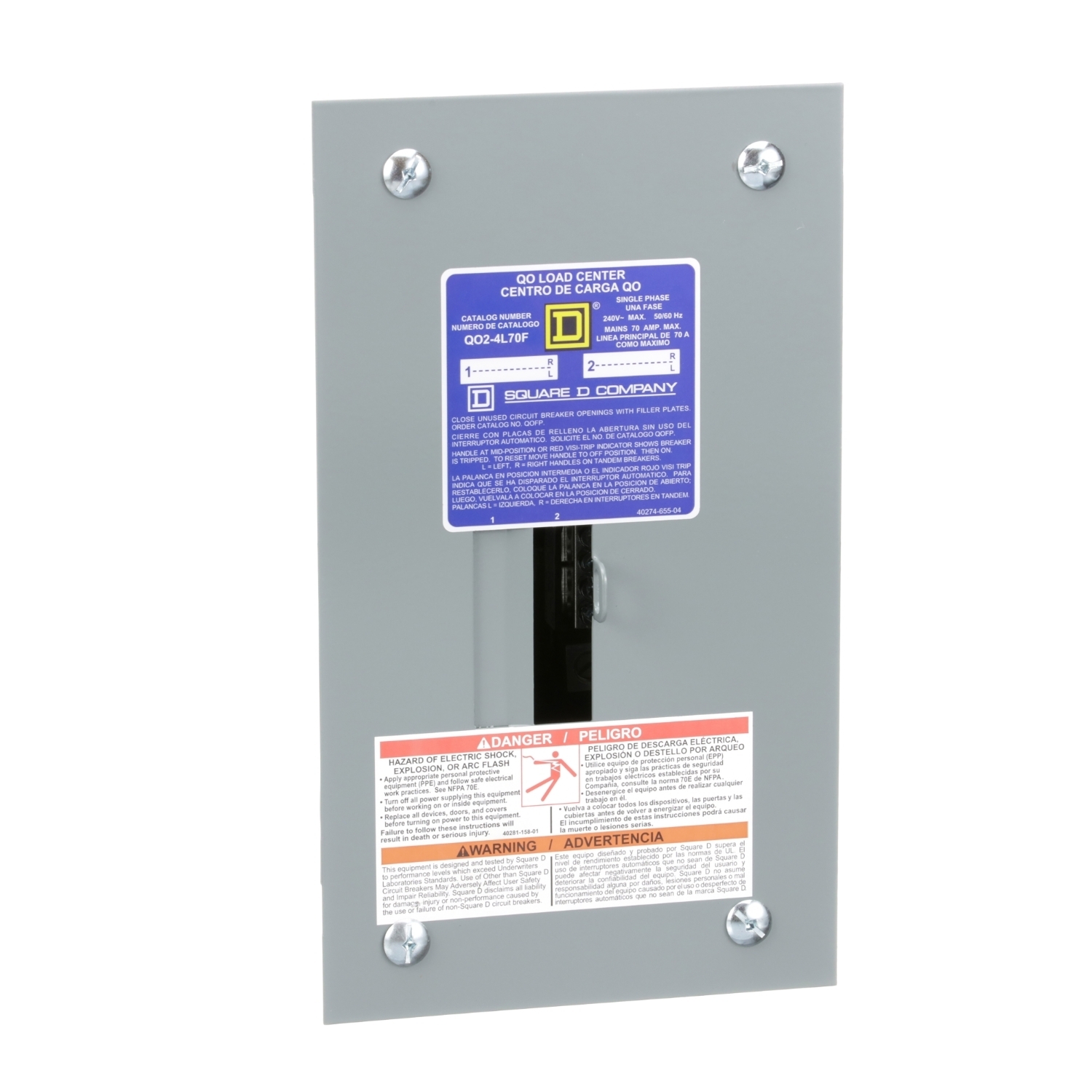 QO24L70F Fixed Main Lug Load Center, 70 Amp, 120/240V, 1 Phase, 2 Space, 4 Circuit, 3-Wire, Flush