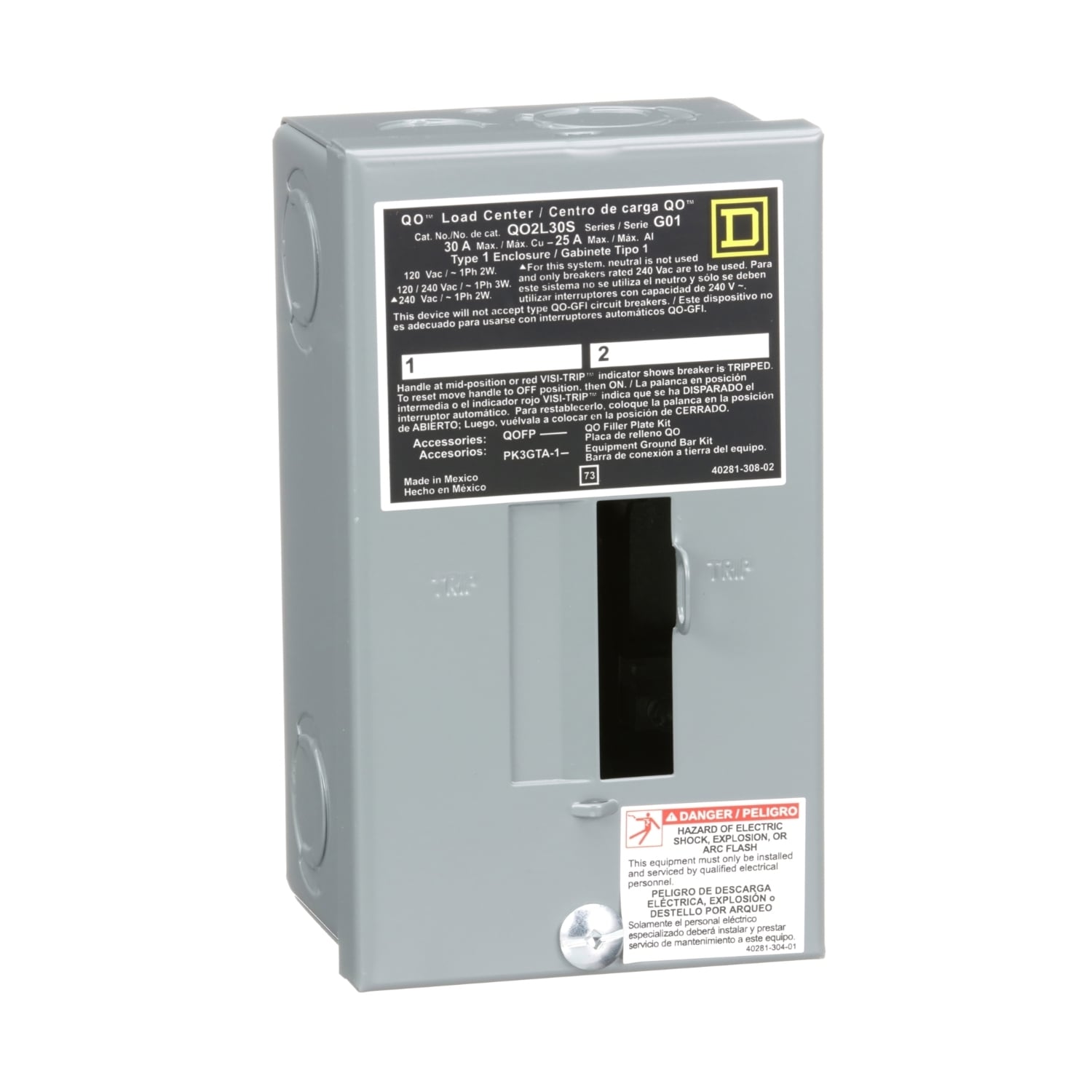 QO2L30S Fixed Main Lug Load Center, 30 Amp, 120/240V, 1 Phase, 2 Space, 2 Circuit, 3-Wire, Surface