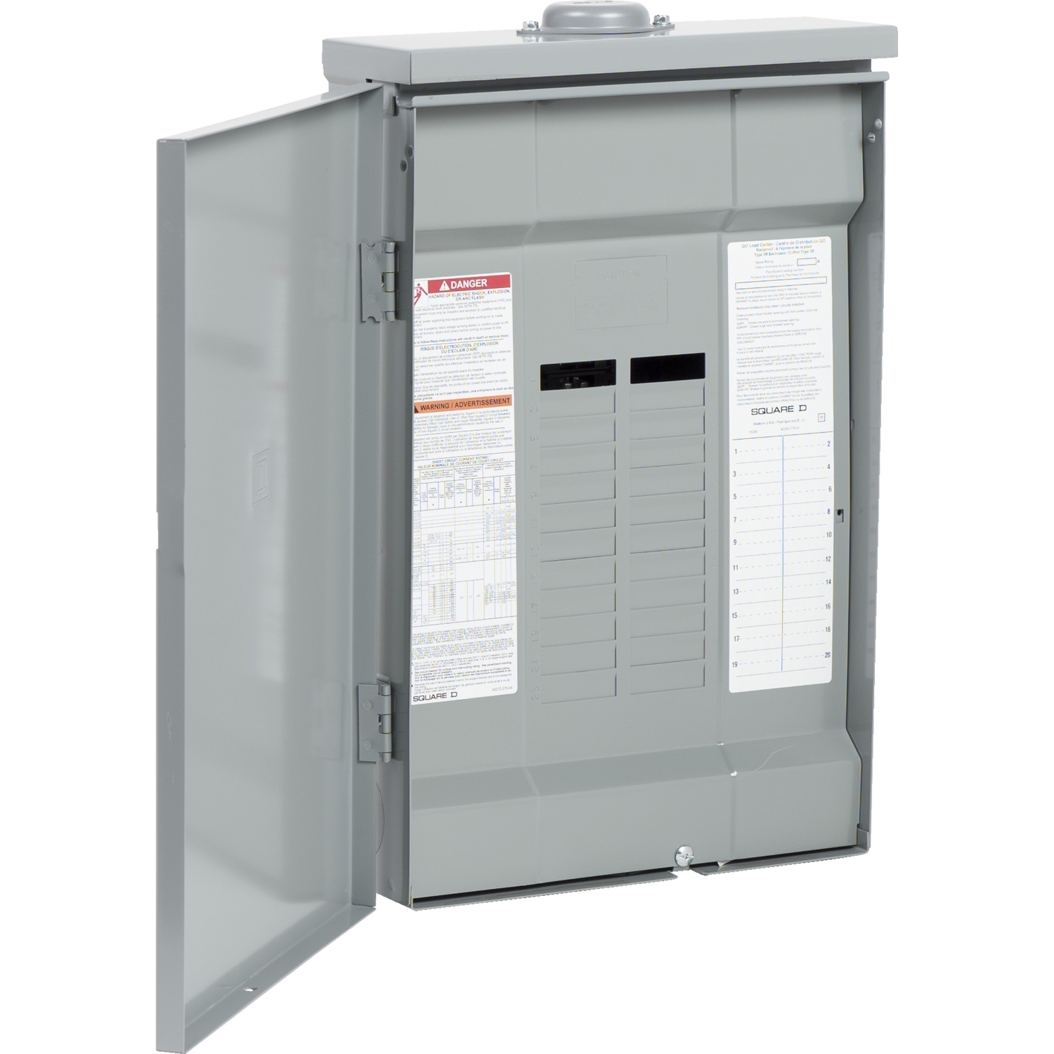 Load center, QO, 3 phase, 20 spaces, 20 circuits, 125A convertible main lugs, NEMA3R, CSA