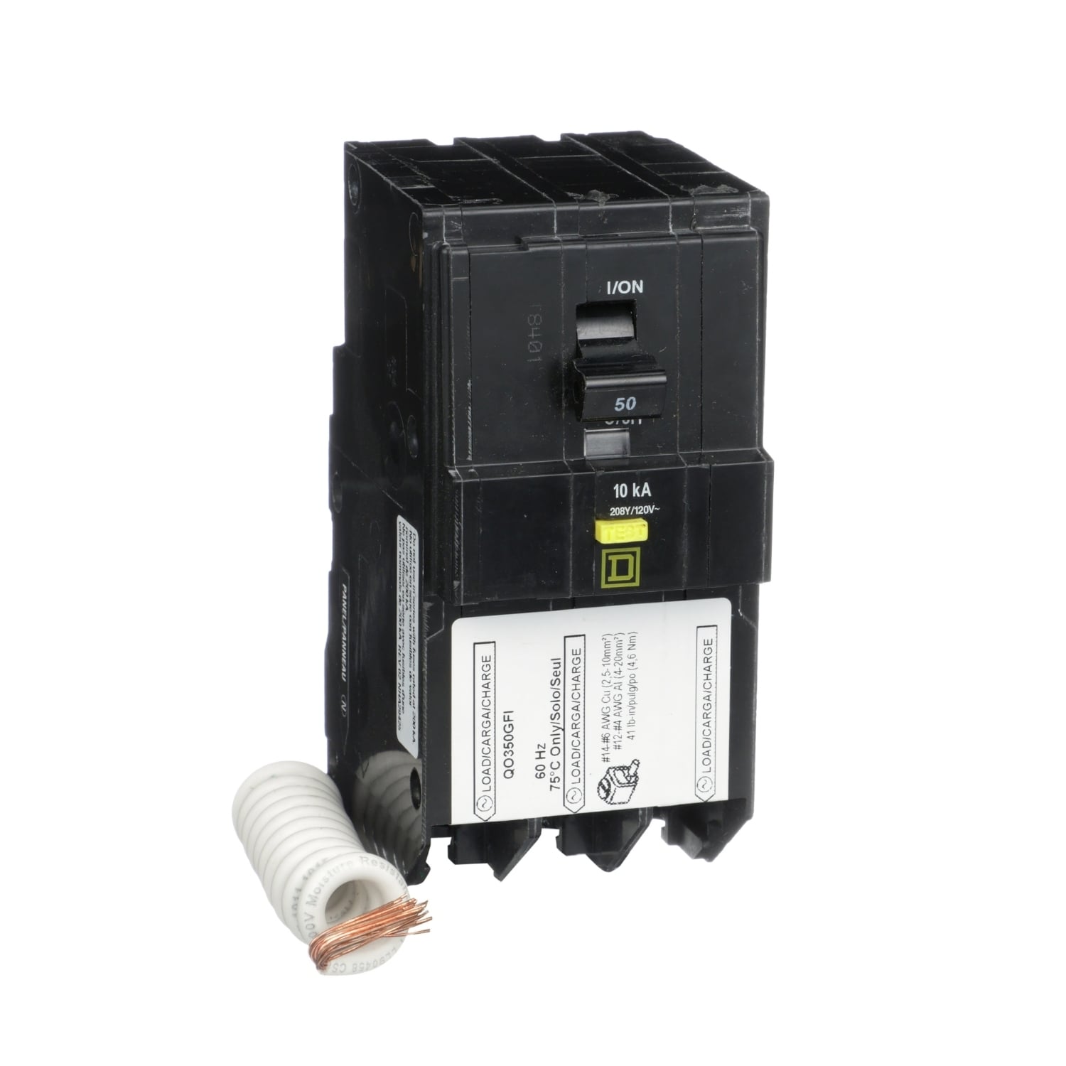 QO350GFI QO Qwik-Gard Type QO-GFI Class A Ground Fault Miniature Circuit Breaker, 240 V AC, 50 A, 10 kA Interrupt, 3 Poles, Thermal Magnetic Trip