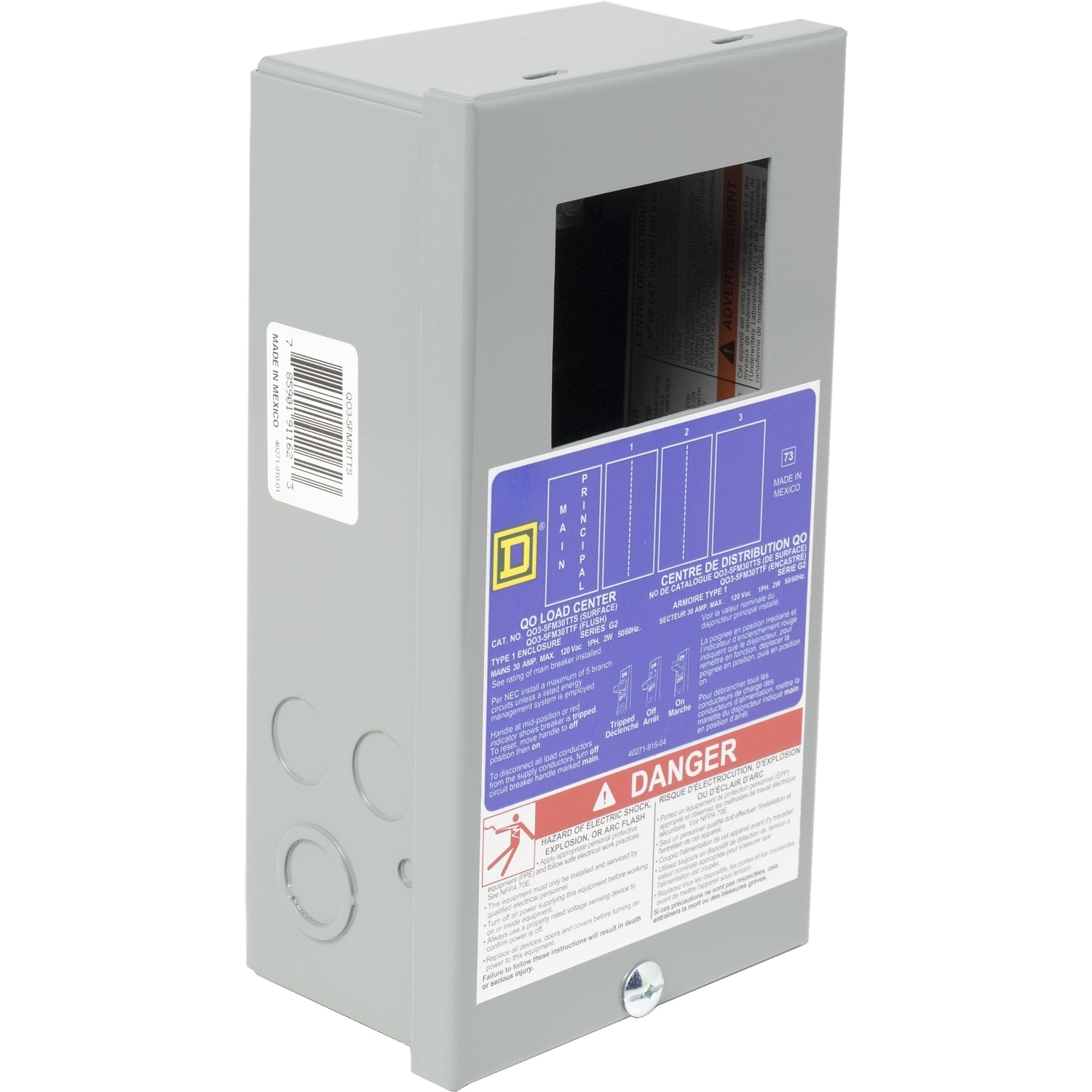 QO35FM30TTS 1-Phase Main Breaker Load Center With Surface Cover, 120/240 V AC, 30 A, 1 Pole, 10 kA Interrupt