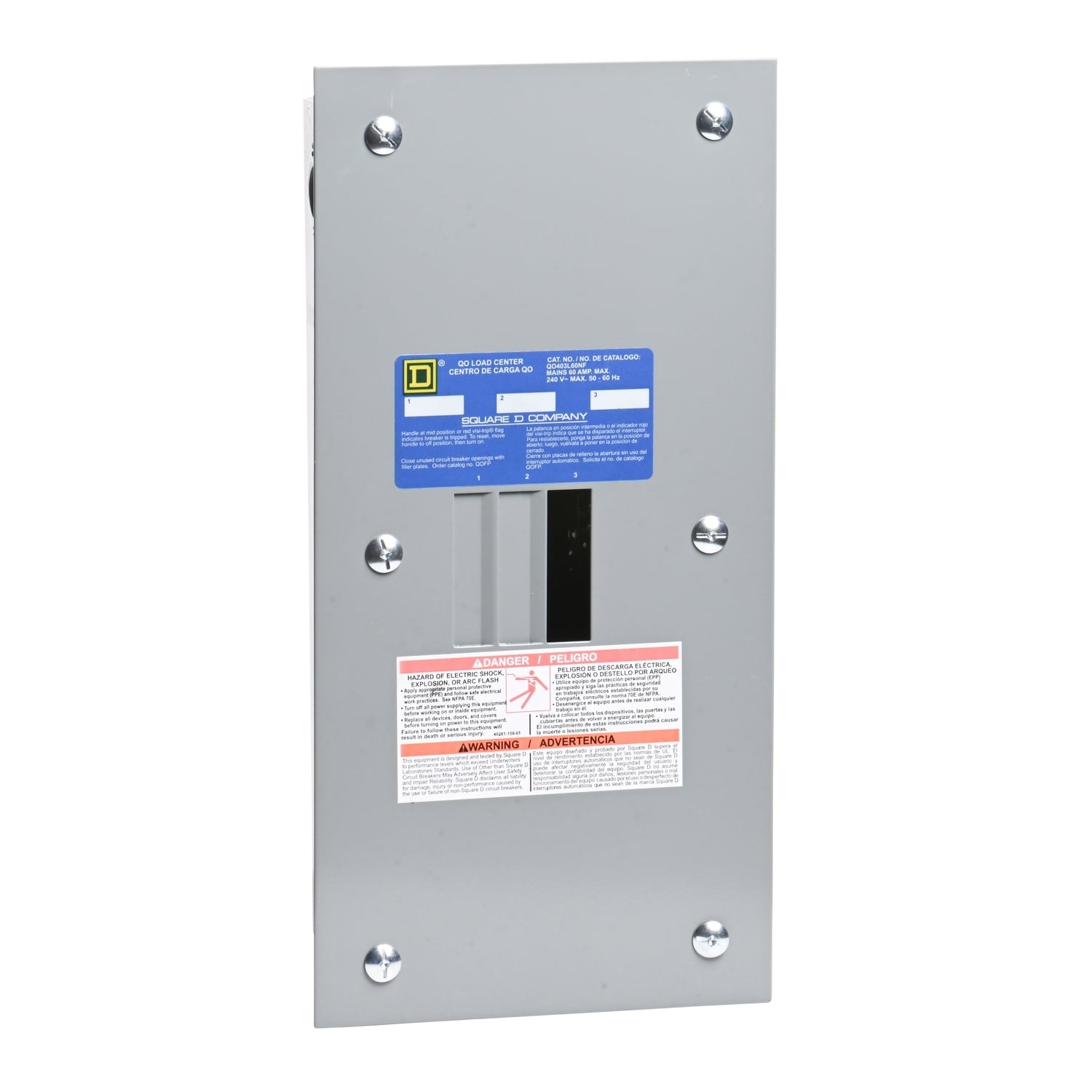 QO403L60NF 3-Phase Fixed Main Lug Loadcenter With Flush Cover, 120/208Y VAC, 120/240 Delta VAC, 240 Delta VAC, 60 A, 65 kA Interrupt