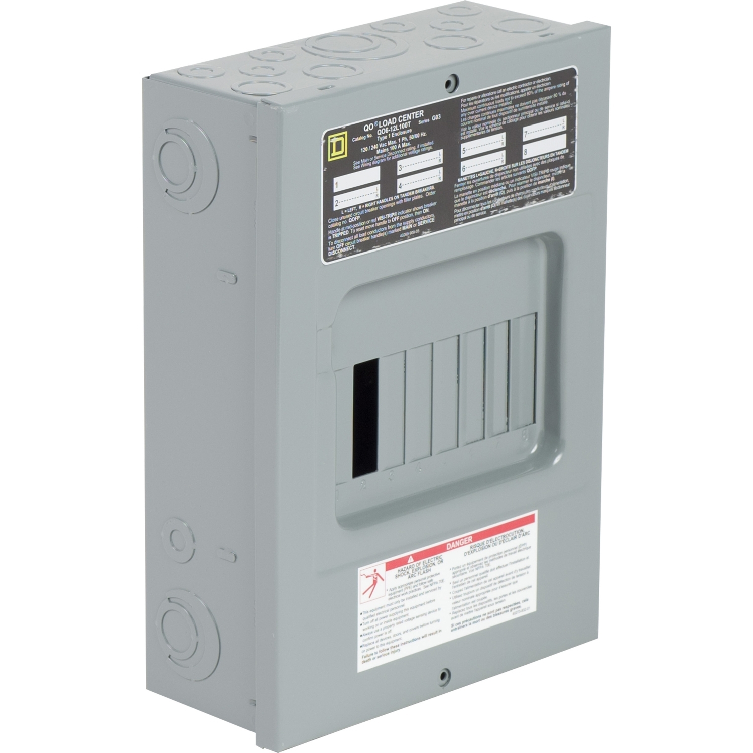 QO612L100TS 1-Phase Fixed Main Lug Loadcenter With Surface Cover, 120/240 V AC, 100 A, 1 Pole, 10 kA Interrupt