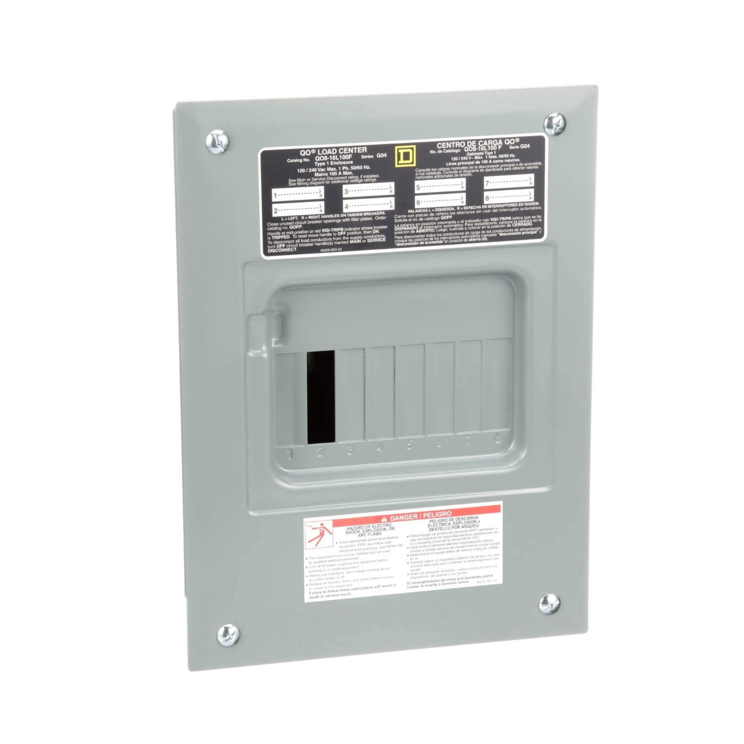 QO816L100F Fixed Main Lug Load Center, 100 Amp, 120/240V, 1 Phase, 8 Space, 16 Circuit, 3-Wire, Flush